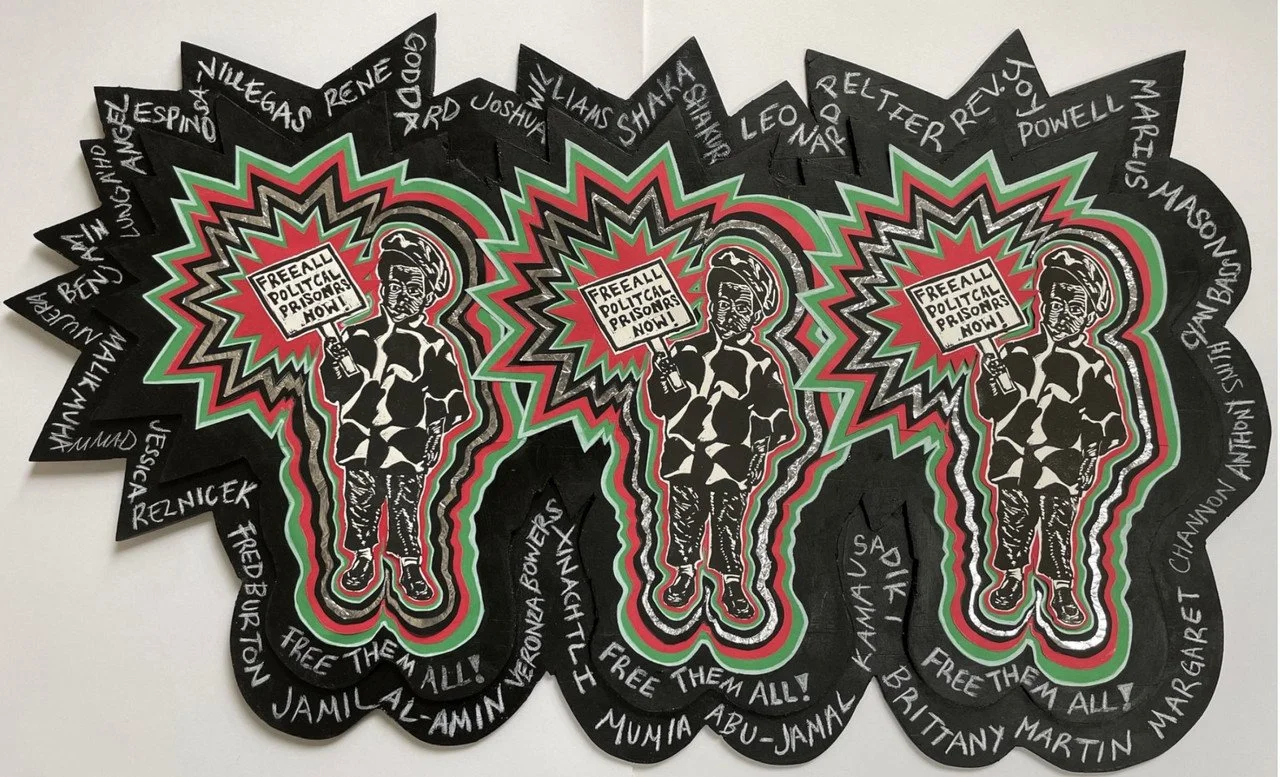 "Free All Political Prisoners" By Ciara Anais Stewart, Mixed media; 35 x 19 inches; 2024