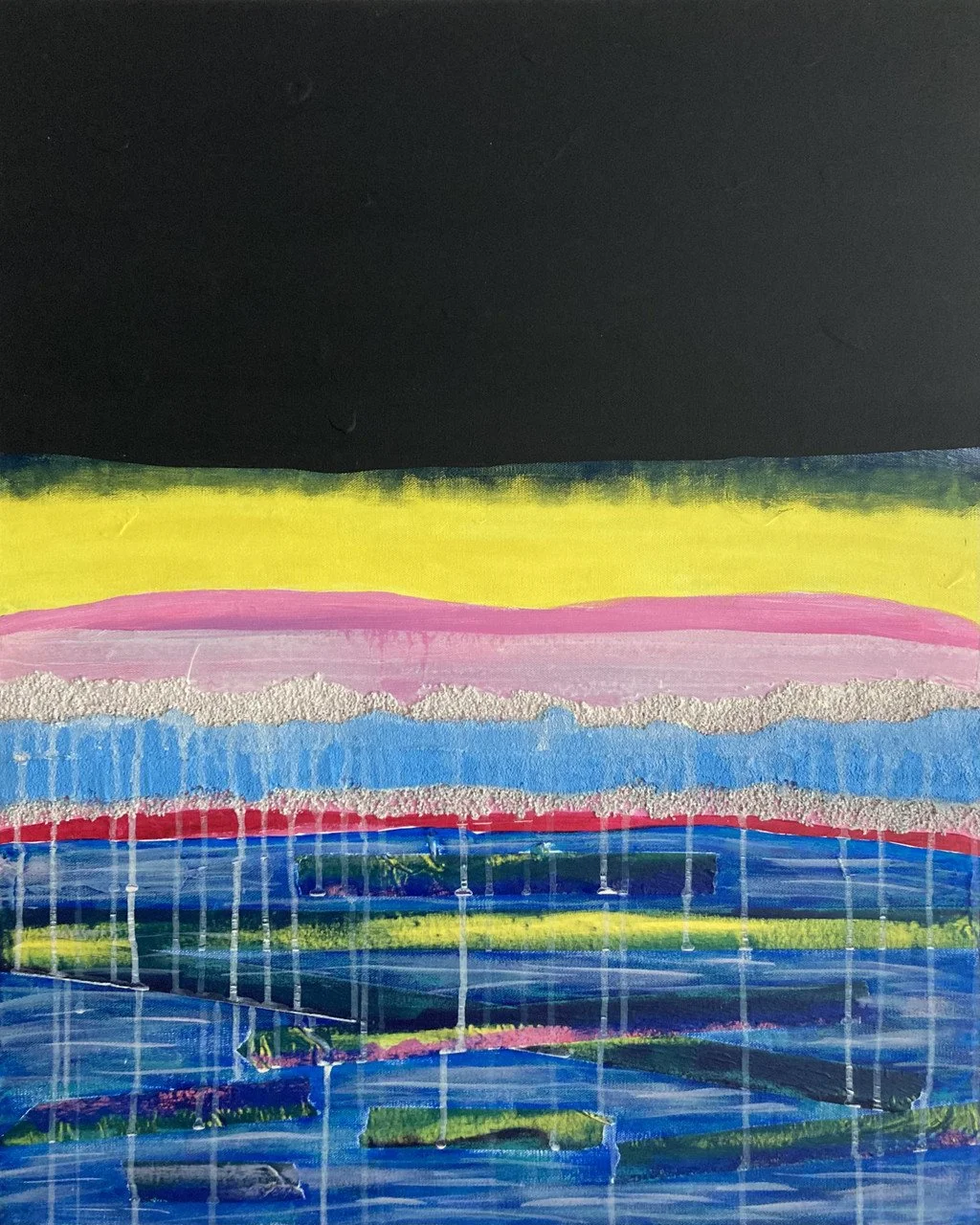 "Reflejo" by Saba Jordan; acrylic, pumice medium & tape on canvas; 2023