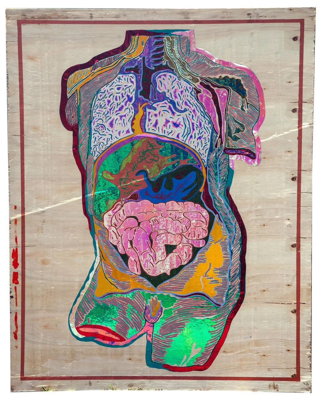 "Splenectomy" by Mehran Bin Moin; acrylic, oil stick, and tekwrap paper on wood; 2024