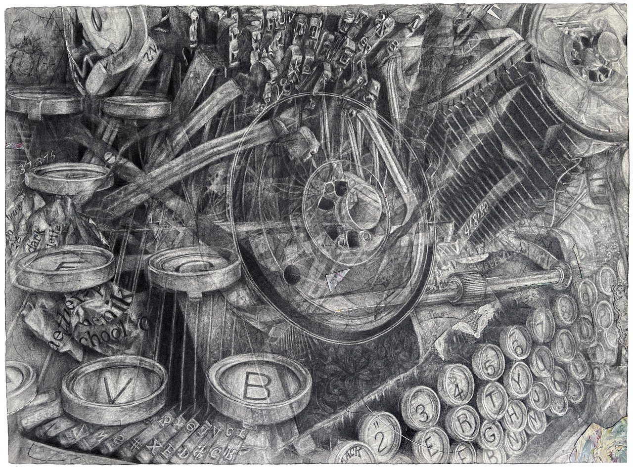 "Typenik" By Donna Gregory, Graphite / mixed media collage on watercolor paper; 22" x 30"; 2025