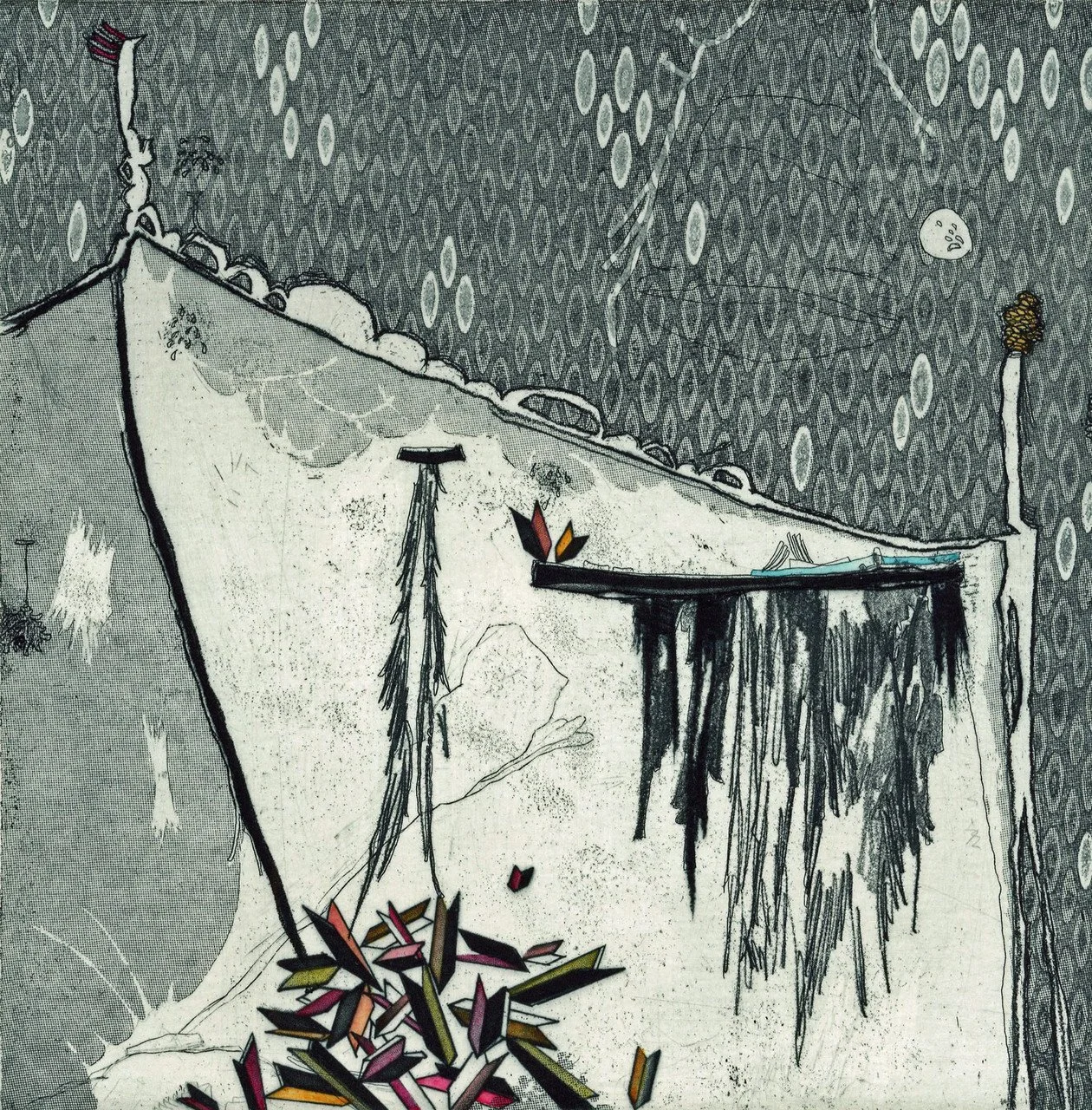 "Shelter II" by Susan Martin; intaglio with hand-tinting; 2024