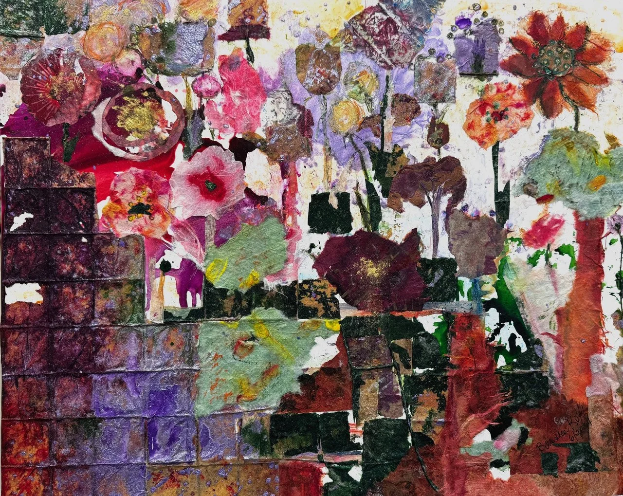"Flowers that bloom in the spring" by Bernice Koff; acrylic and collage on Yupo; 2024