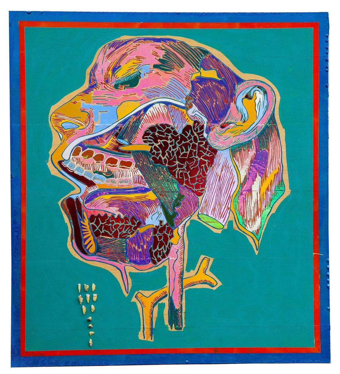 "Teef" by Mehran Bin Moin; acrylic, tekwrap, and teeth on wood panel; 2024