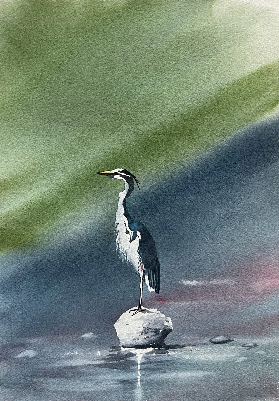"Great Blue Heron on the Eno" By Catherine Kramer, Archival print of original watercolor; 17 x 21; 2025