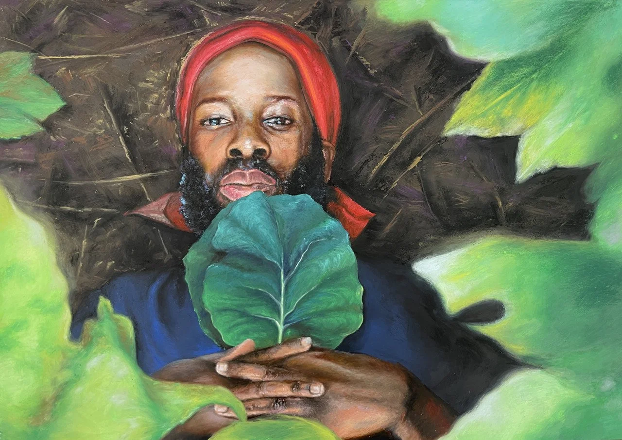 "Red, Black and Green" by Cecil Norris, 
Oil pastels on paper; 18 x 24 inches; 2025