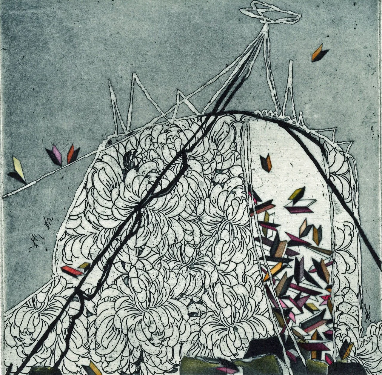 "Shelter I" by Susan Martin; intaglio w/hand-tinting; 2024