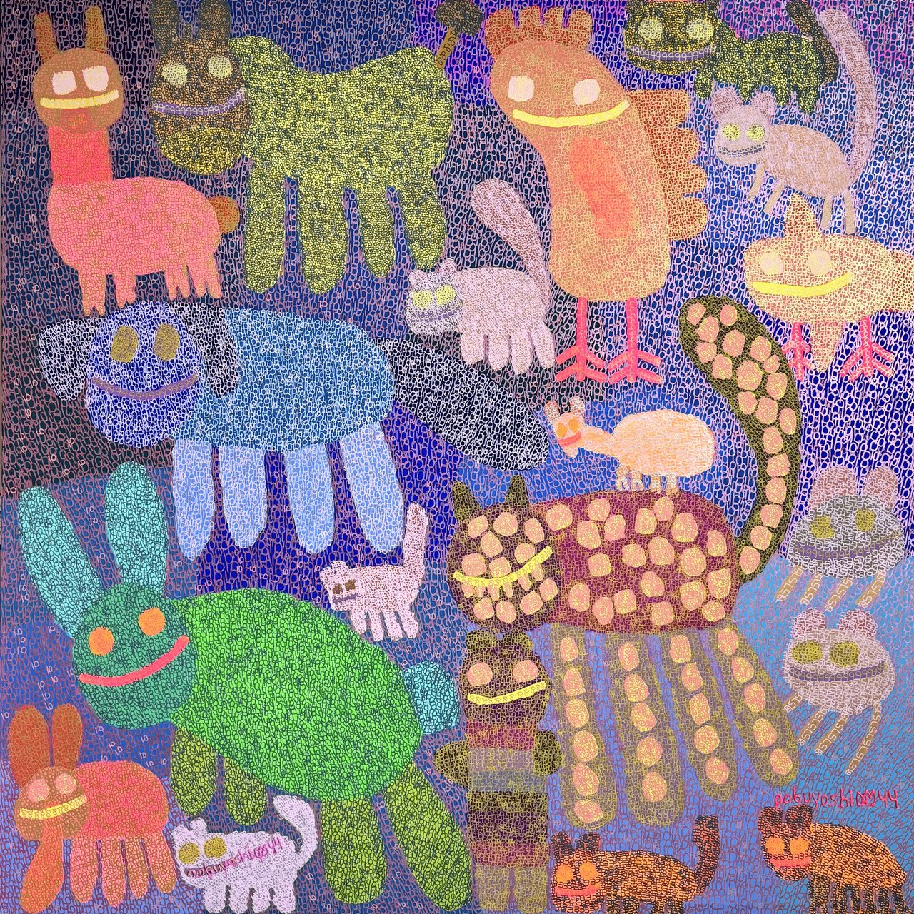 "The American animal is having a chilling day because they are friends" by King Nobuyoshi Godwin; acrylic on canvas; 2024