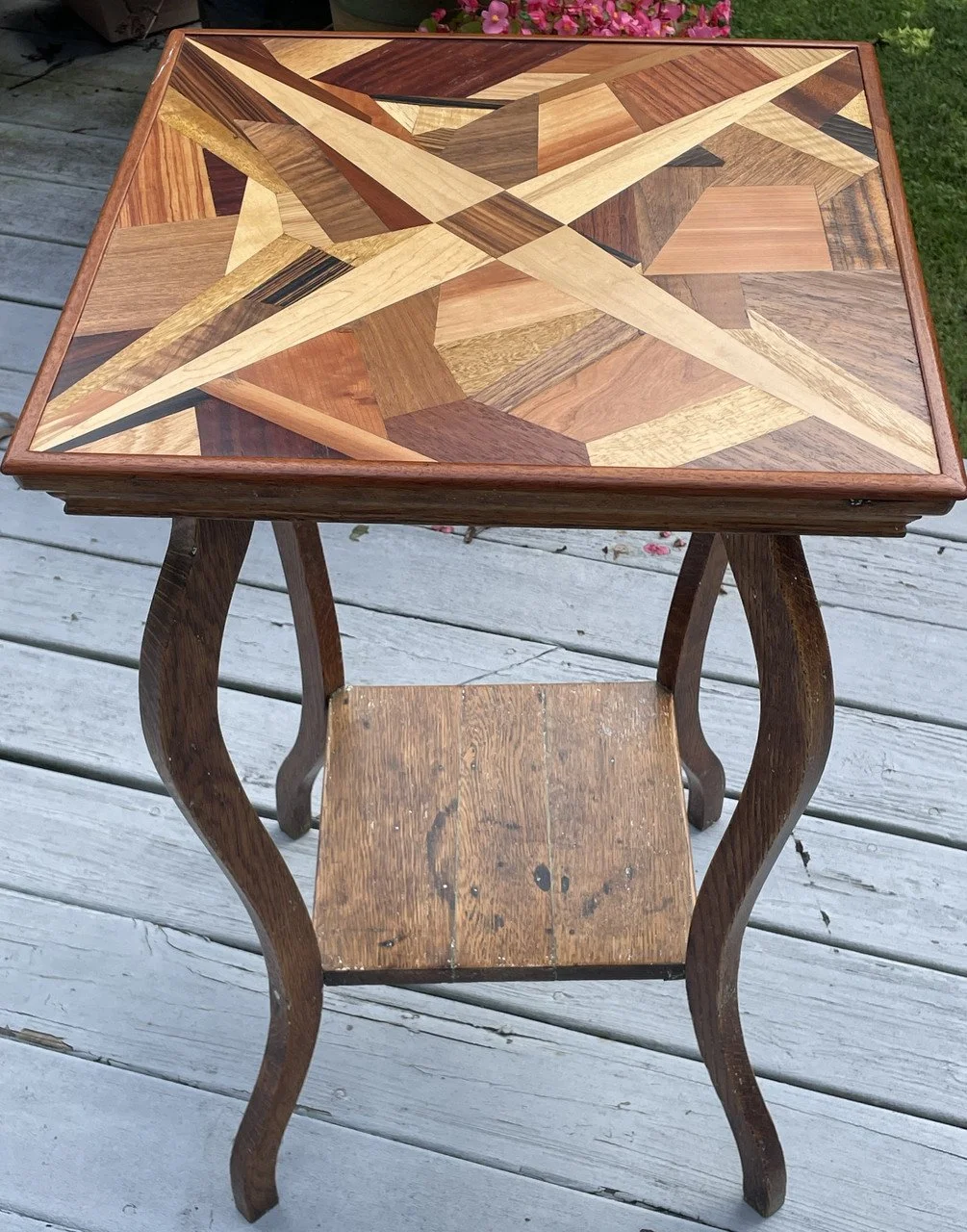 "Vintage Modern Table" by Cris Eklund; exotic wood veneers, vintage oak stand; 2023