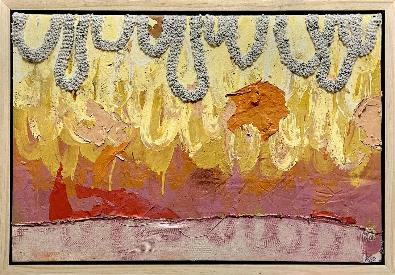 "Loop" by Allison Tierney; acrylic, fabric, dried paint, knitting on canvas; 2023
