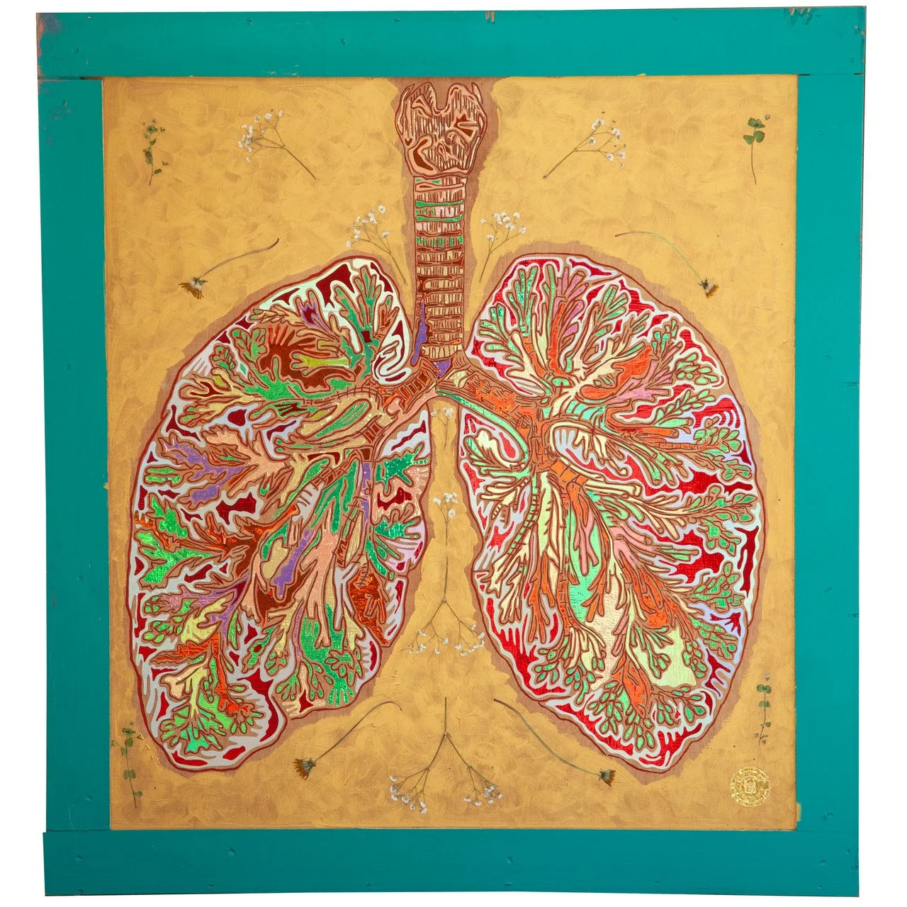 "Left Brain Right Brain" by Mehran Moin; acrylic, foil, and dried flowers on wood pallet; 2024