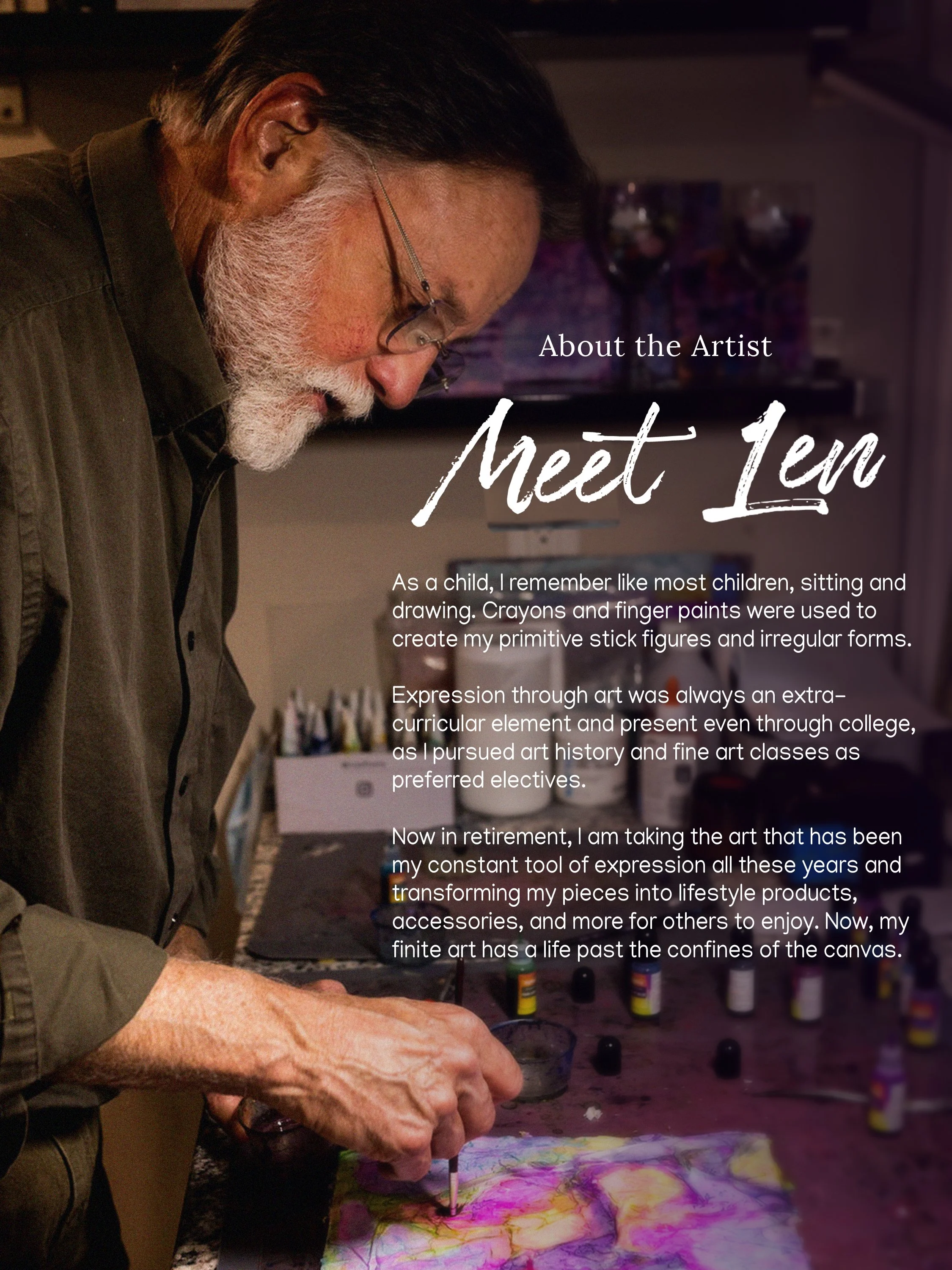 photograph of artist Len Thomas in his studio with text describing his art practice