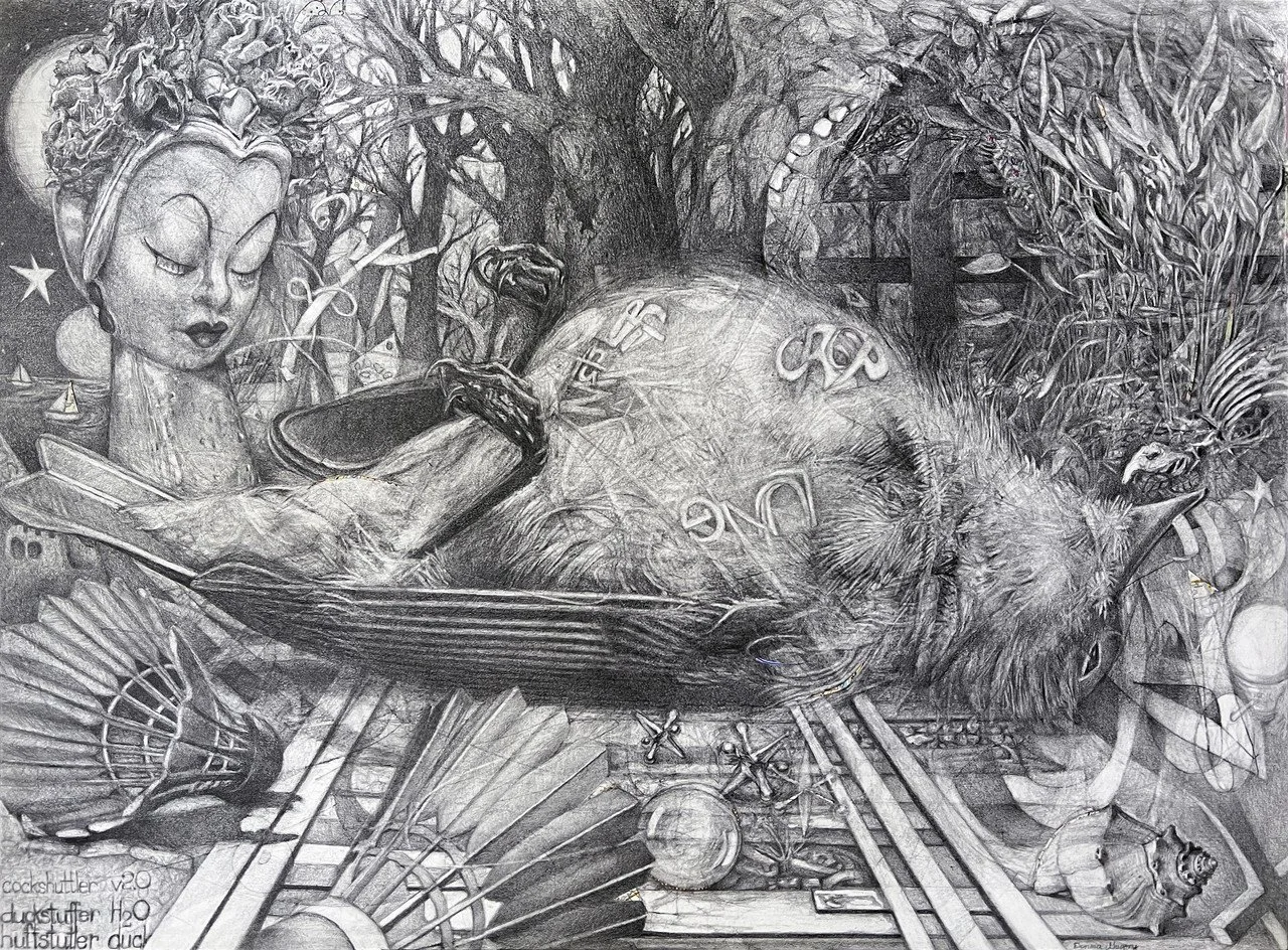 "Fowl Play" By Donna Gregory; graphite and mixed media collage on paper; 2024
