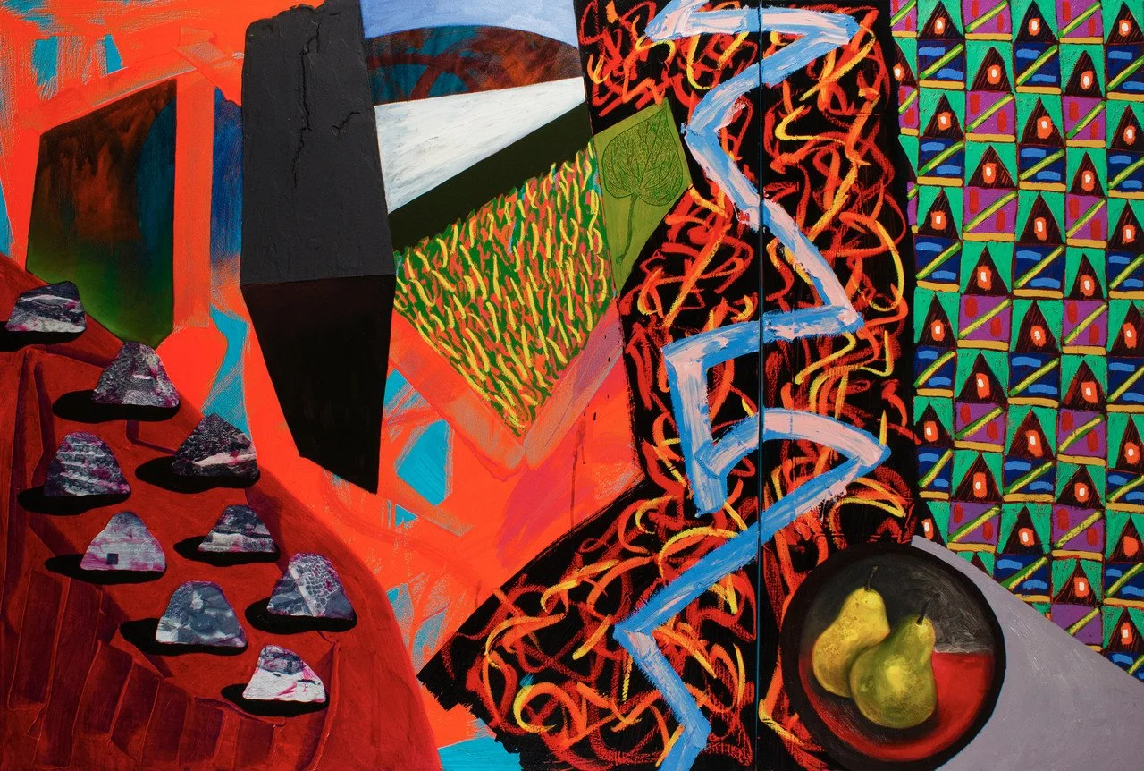 "Deconstruction" by Renzo Ortega; acrylic, oil, beach sand, oil stick on canvas; 2023