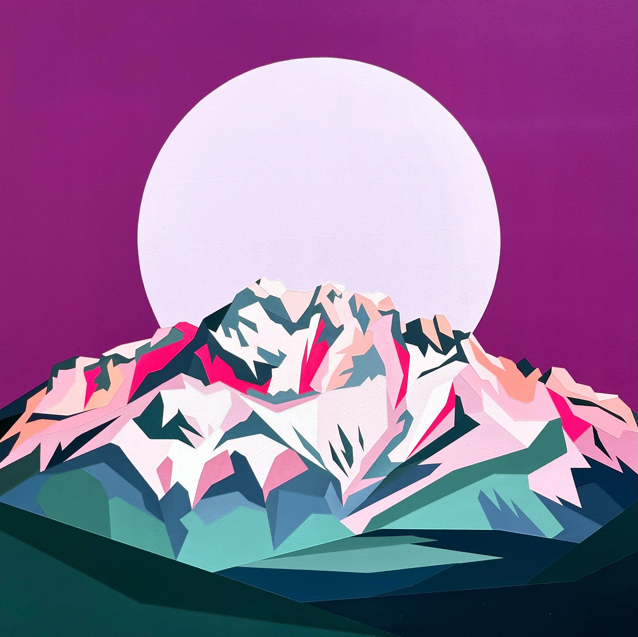 "Flower Moon Over Cascade" - 20X20 acrylic on birch. 2026.
$1200 available.

Contact to purchase