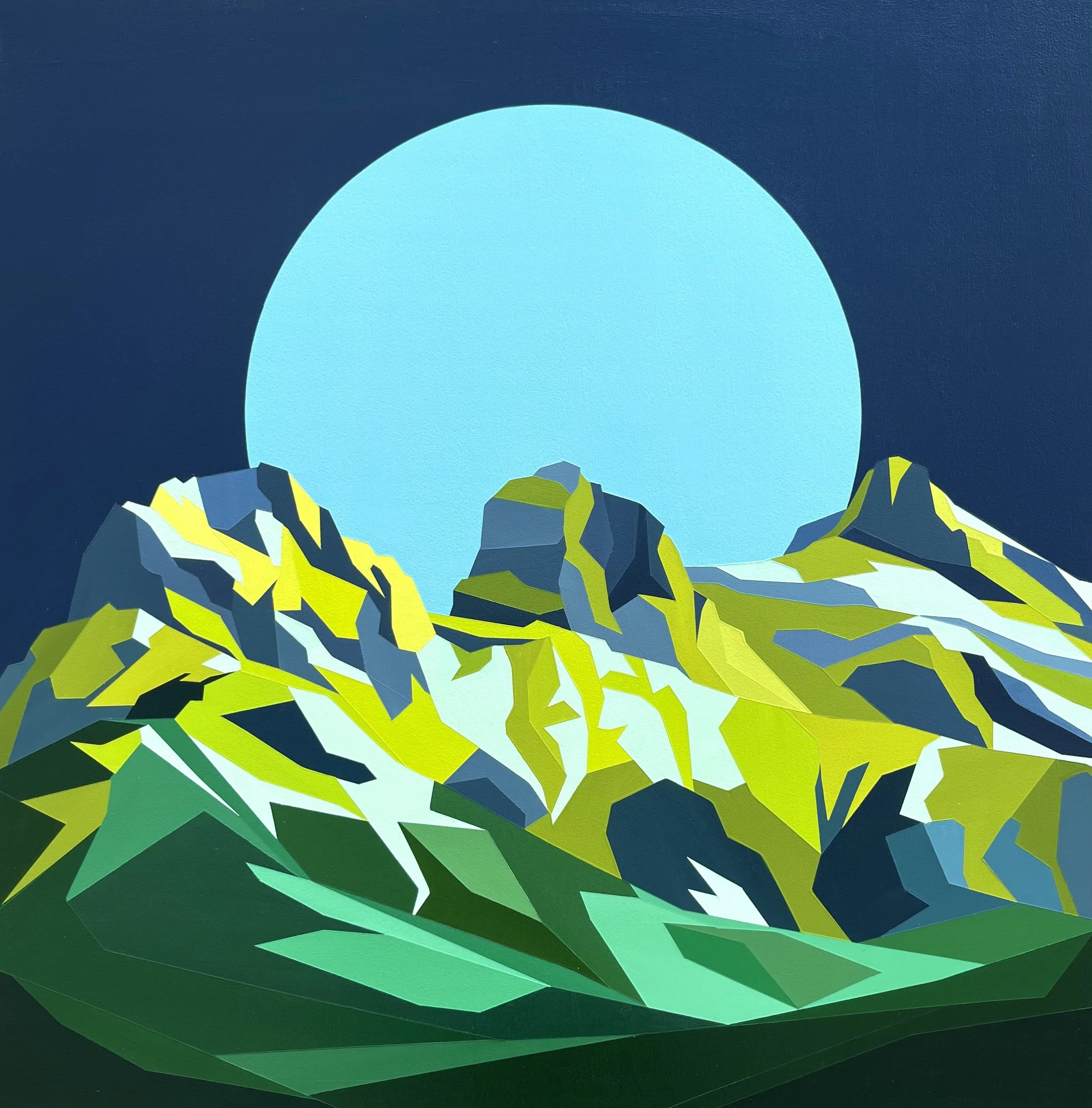 "Blue Moon Over Three Sisters" - 20X20 acrylic on birch. 2026.
$1200 available.

Contact to purchase