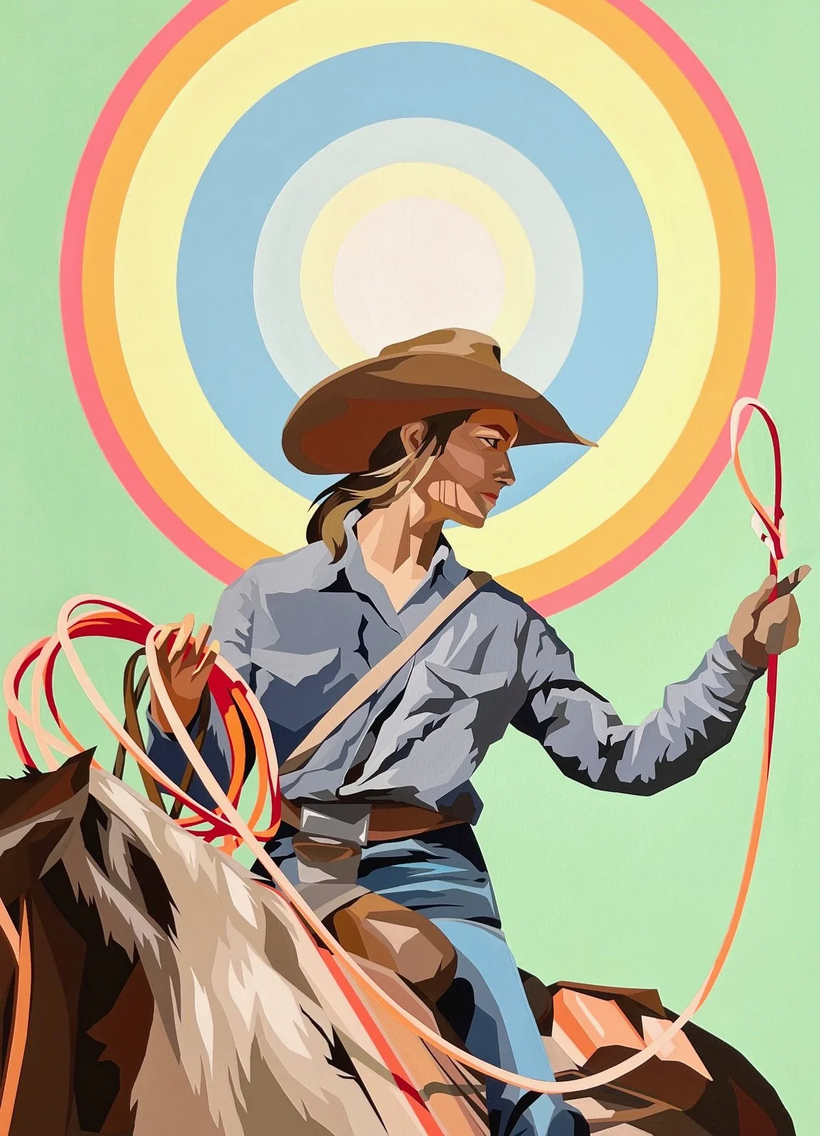 "Rope 'Em" - 22X30 acrylic on birch. 2026.
$2000 available.

Contact to purchase

