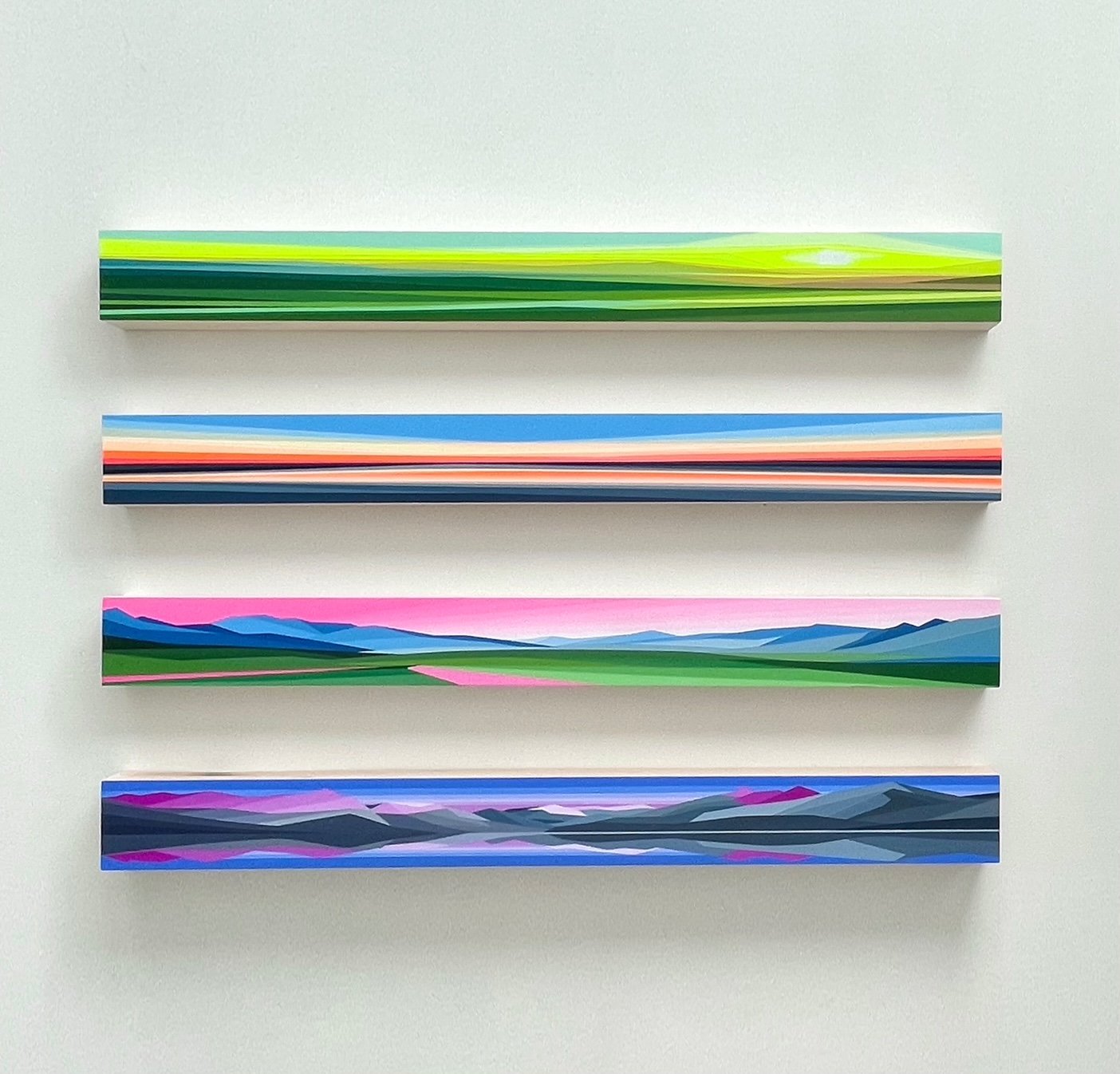 "At First Light" - 3X30 acrylic on birch. 2024. SOLD.
"Buffalo Lake Stillness" - 3X30 acrylic on birch. 2024. SOLD.
"Rocky Mountain Crush" - 3X30 acrylic on birch. 2024. SOLD.
"Upper Kananaskis Horizon" - 3X30 acrylic on birch. 2024. SOLD.