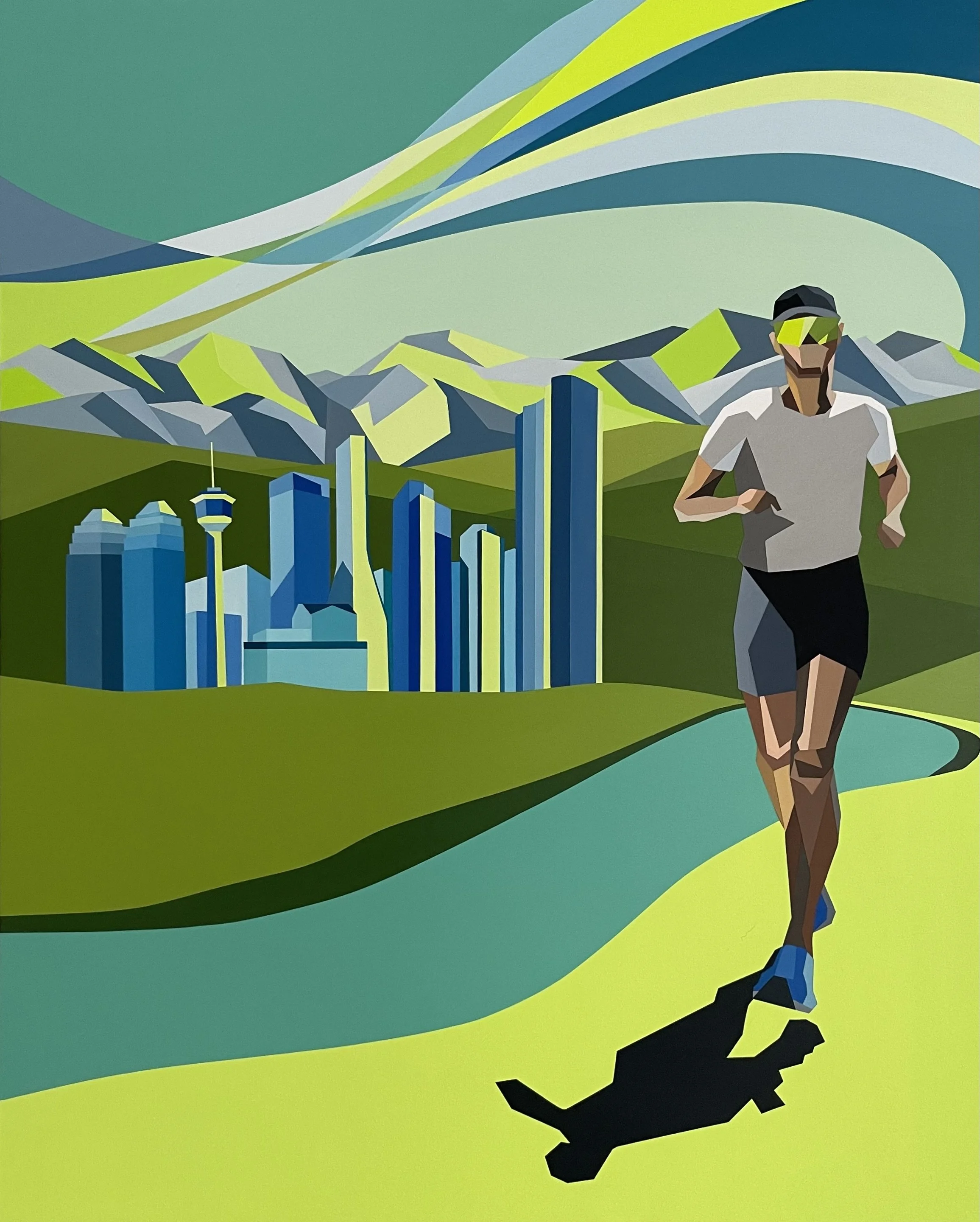 "Run Calgary" - 24X30 acrylic on birch. 2025. SOLD.