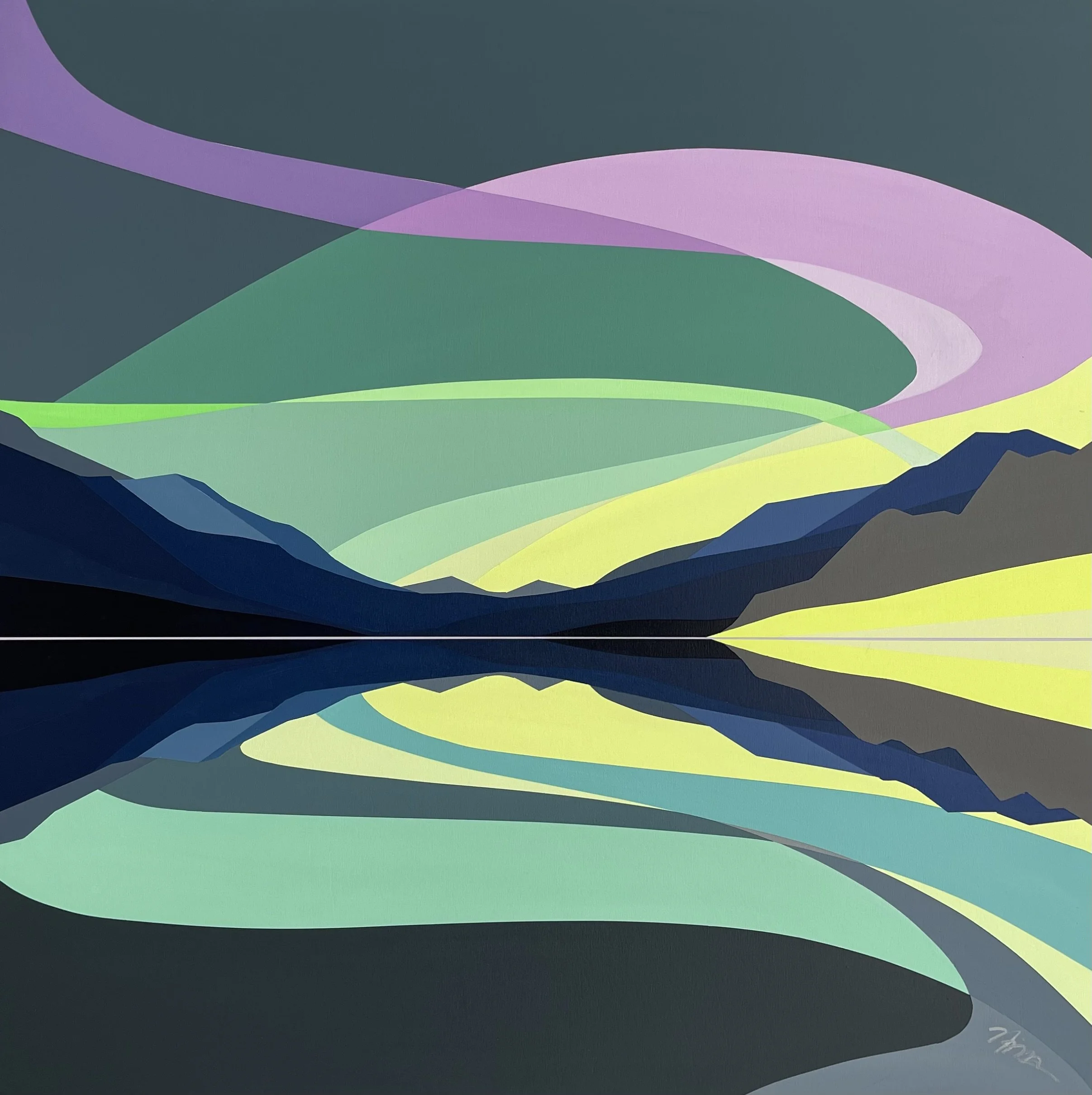 "Emerald Lake Dancing Light" - 24X24 acrylic on birch. 2022. SOLD.