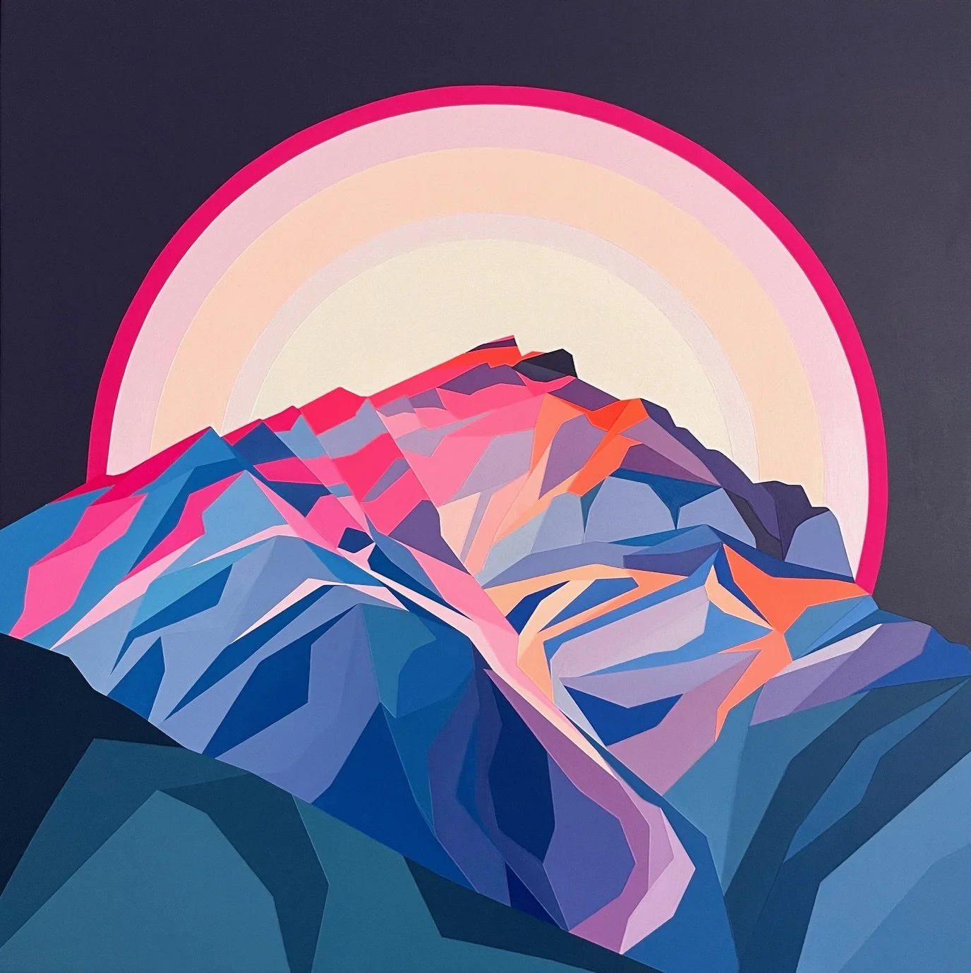 "Cascade Mountain Moonstruck" - 20X20 acrylic on birch. 2024. SOLD.