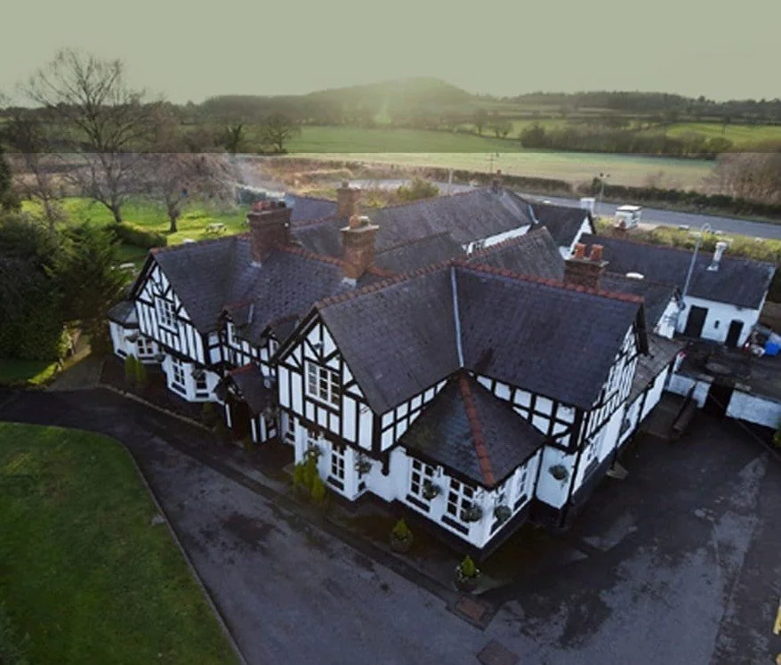 an aerial view of a cheshire restaurant on a frosty morning