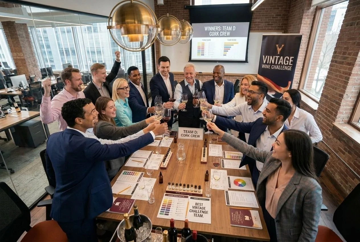A cheerful corporate group celebrating a blind wine tasting competition around a boardroom table in Liverpool, raising glasses of wine to toast the winning team.