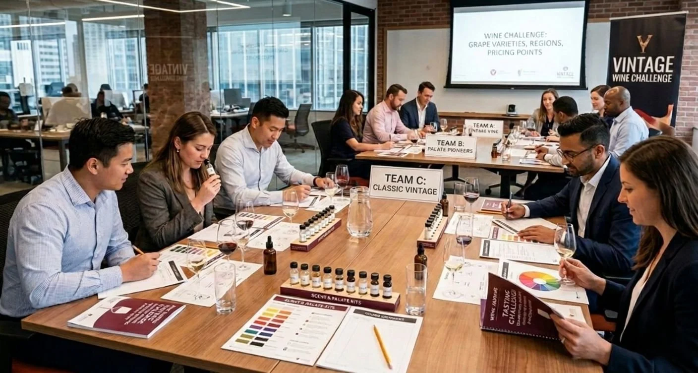 Corporate teams participating in a blind wine tasting and scent challenge during a team-building event in Warrington, Cheshire.