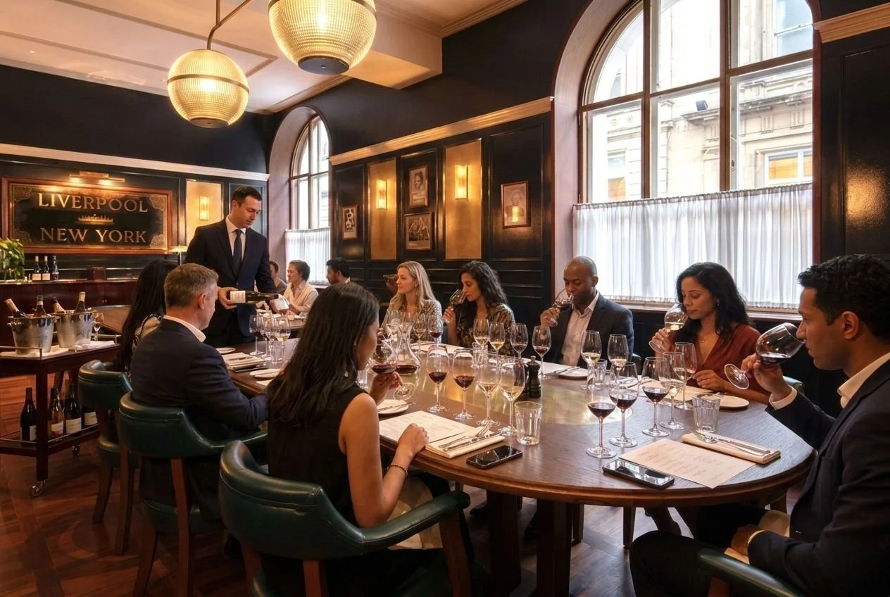 Guests enjoying a luxury corporate wine pairing dinner in an elegant private dining room in Liverpool, with a wine host pouring premium wine for the table.