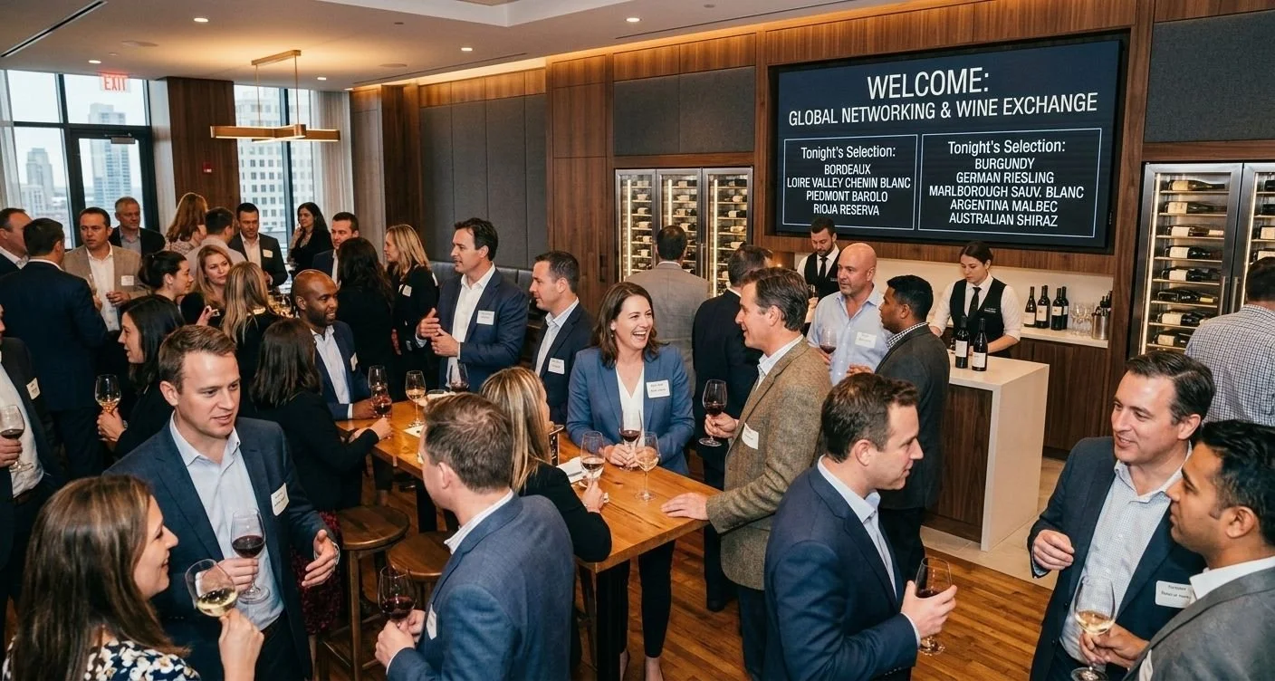 Professionals enjoying a corporate wine tasting mixer at a modern venue in Alderley Edge, Cheshire.