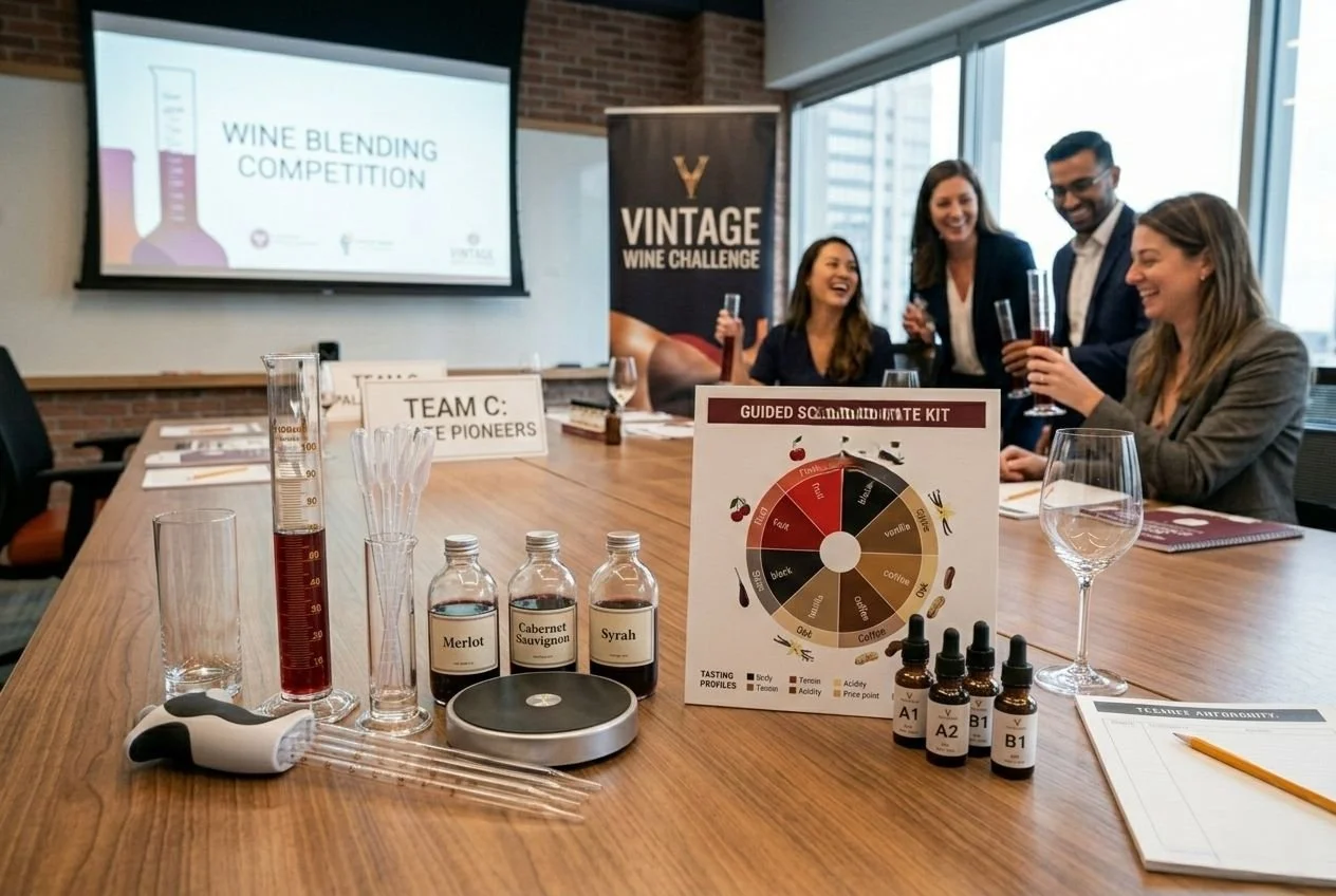 corporate team laughs as they carry out a colby wines blending challenge