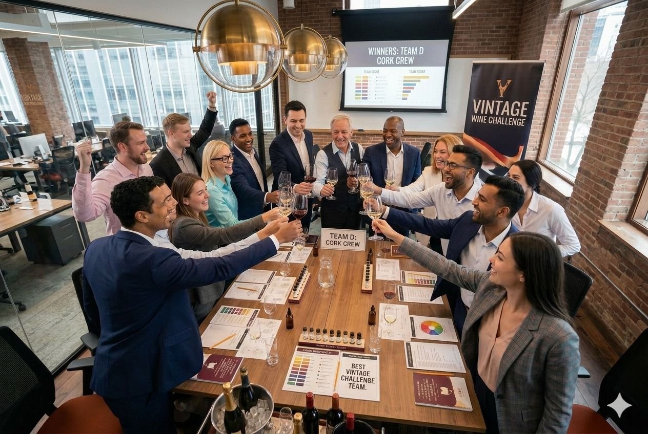 a diverse corporate team cheering and enjoying a bespoke wine tasting event in a modern Liverpool office setting