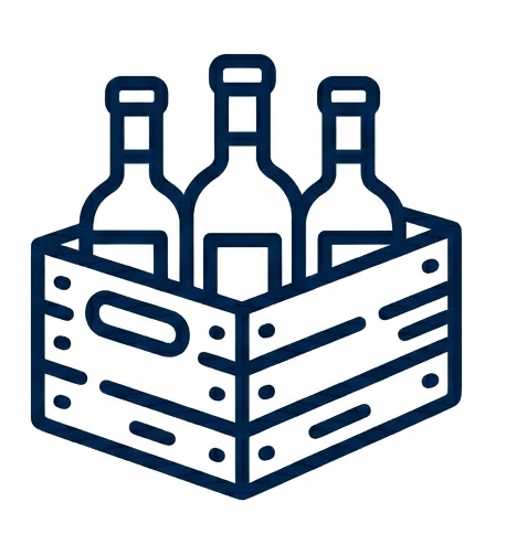 Outline of a wine bottle and a fountain pen standing side by side on a flat surface, drawn in a simple line style.