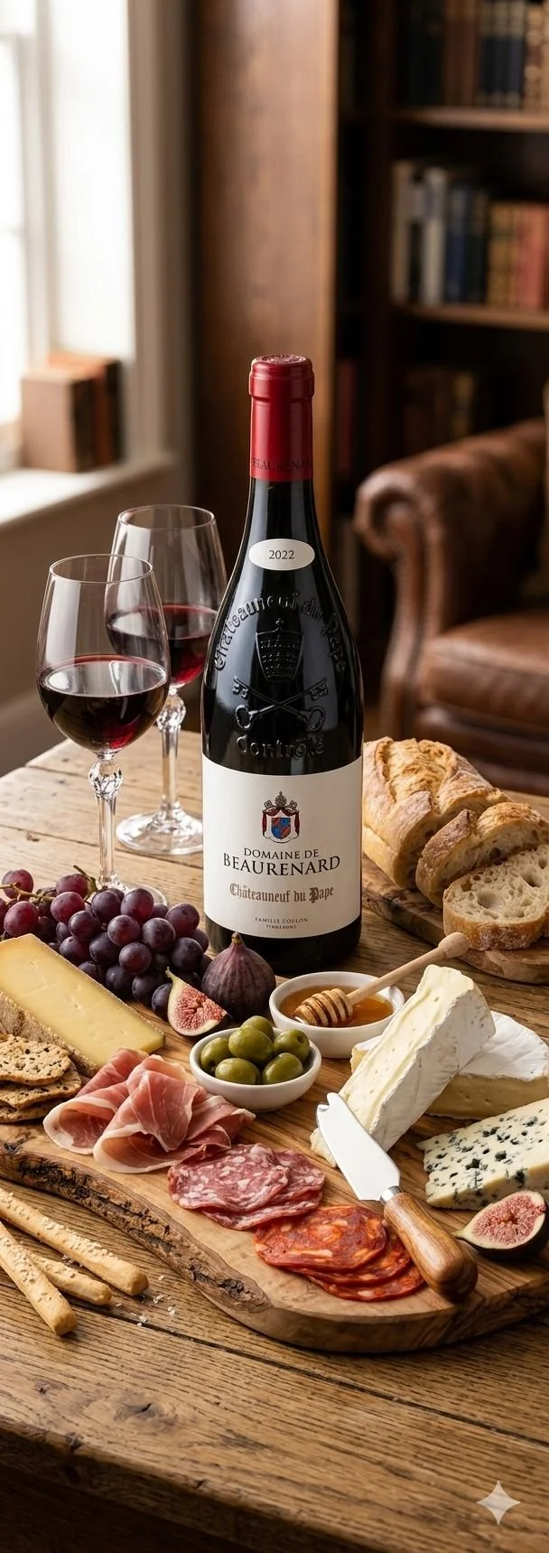 A bottle of Châteauneuf-du-Pape red wine paired with an artisan cheese and charcuterie board for the Horizons wine tasting experience in Cheshire.