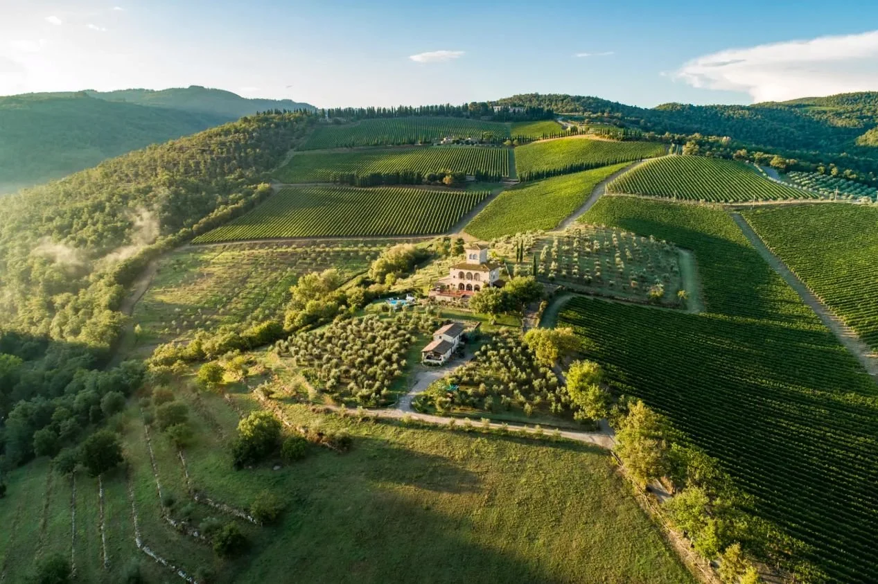 An aerial view of the historic Castello di Albola estate surrounded by rolling hills and pristine, structured vineyard rows in Radda in Chianti, Italy.