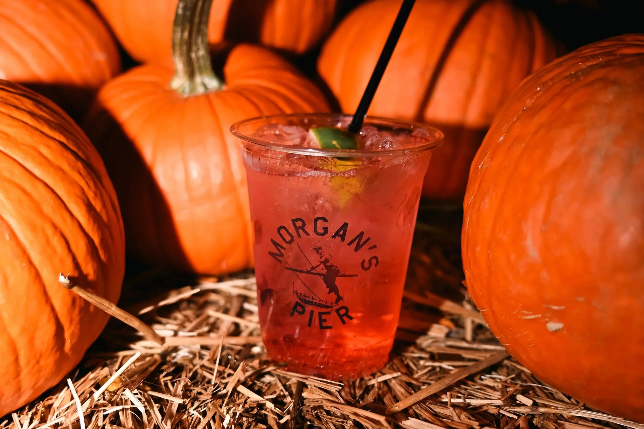 A clear plastic cup with a red drink, surrounded by orange pumpkins on a straw-covered surface.