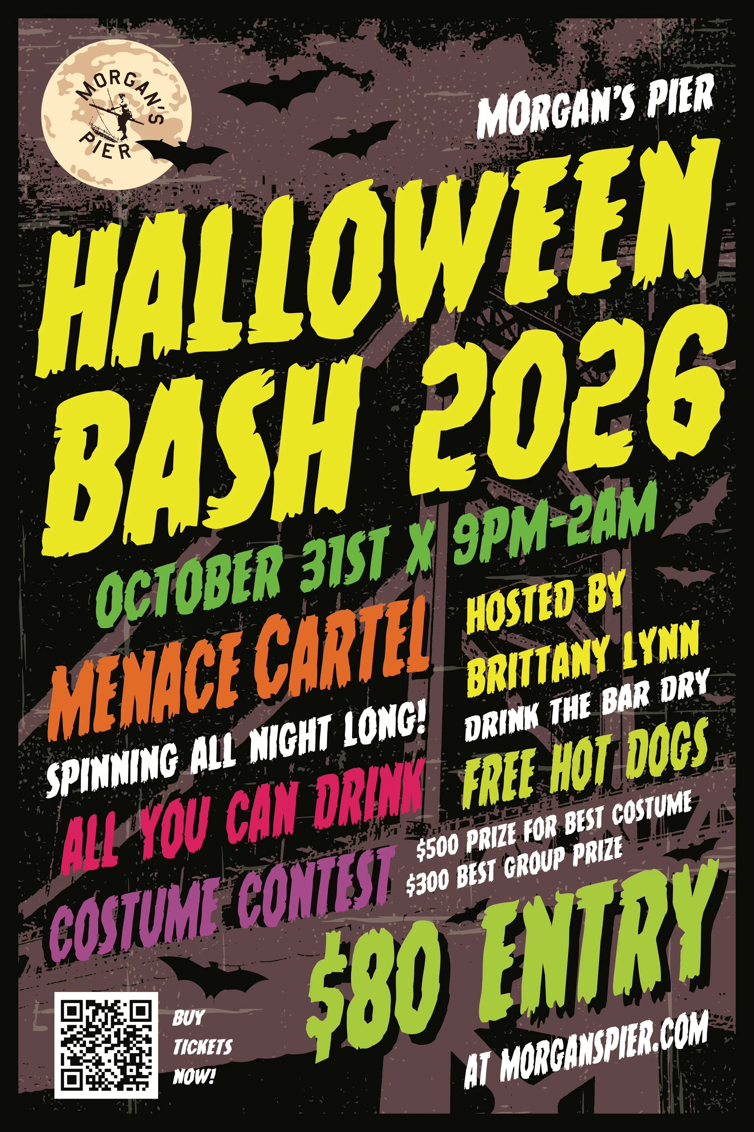 Halloween-themed poster for Morgan's Pier Bash 2026, featuring bats, a full moon with a pirate logo, and event details in colorful, spooky text, including date, time, and ticket information.