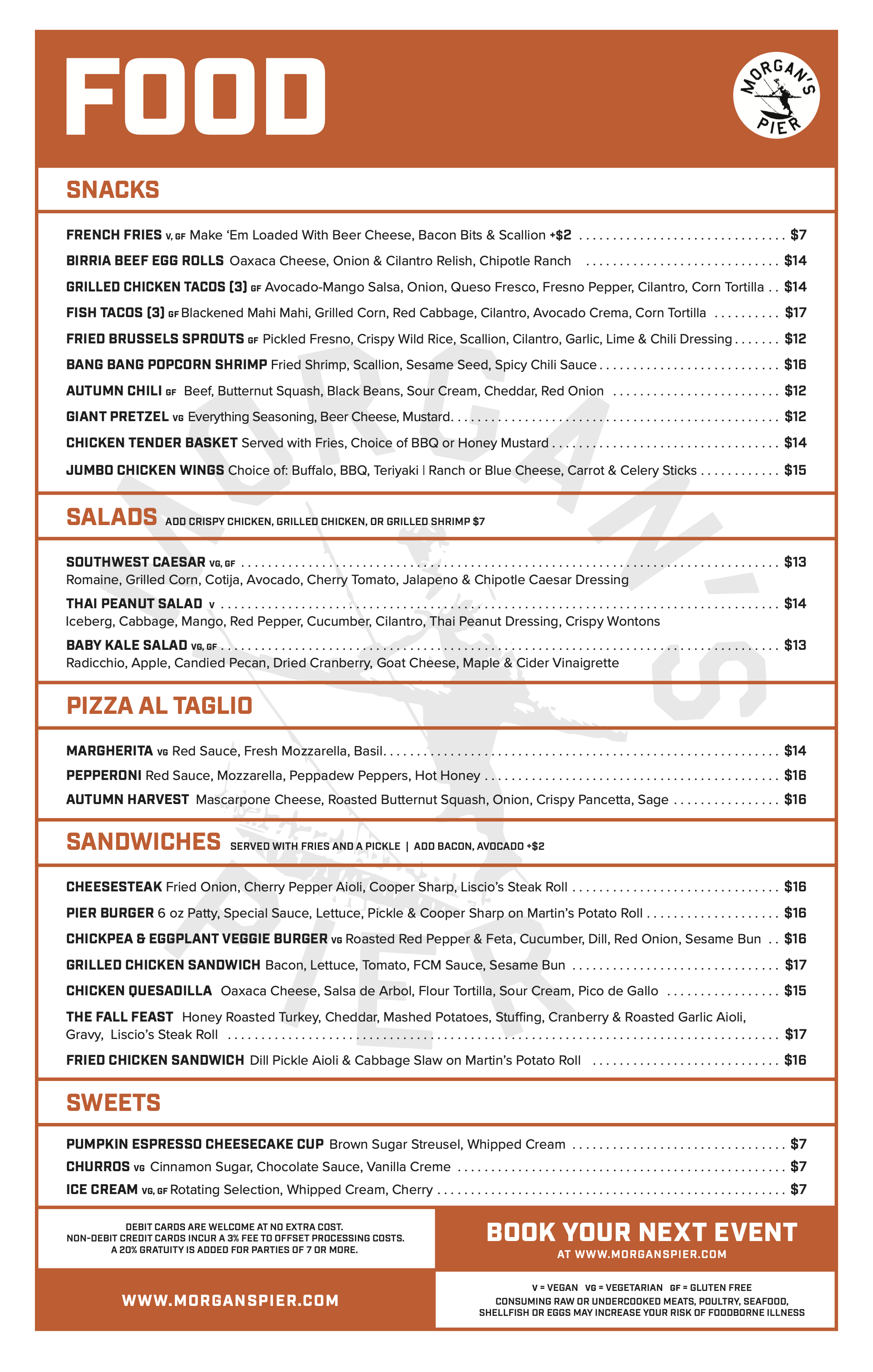 Morgan's Pier food menu with sections for snacks, salads, pizza, sandwiches, and sweets. The menu includes items like French fries, beef egg rolls, grilled chicken tacos, fish tacos, fried Brussels sprouts, Bang Bang popcorn shrimp, autumn chili, giant pretzel, chicken tender basket, jumbo chicken wings, various salads, Margherita pizza, pepperoni pizza, autumn harvest pizza, cheesesteak, pier burger, chickpea veggie burger, grilled chicken sandwich, chicken quesadilla, fall feast, fried chicken sandwich, pumpkin espresso cheesecake cup, churros, and ice cream.