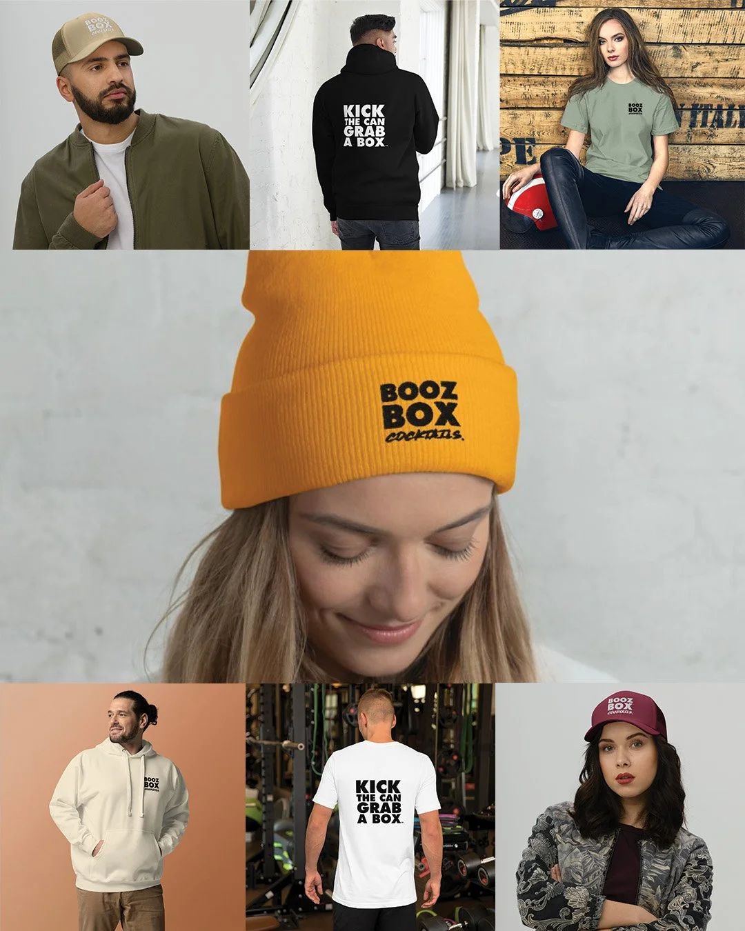 Collection of people wearing hoodies, t-shirts, and hats with 'Booz Box Cocktails' and 'Kick the Can Grab a Box' slogans and logos.