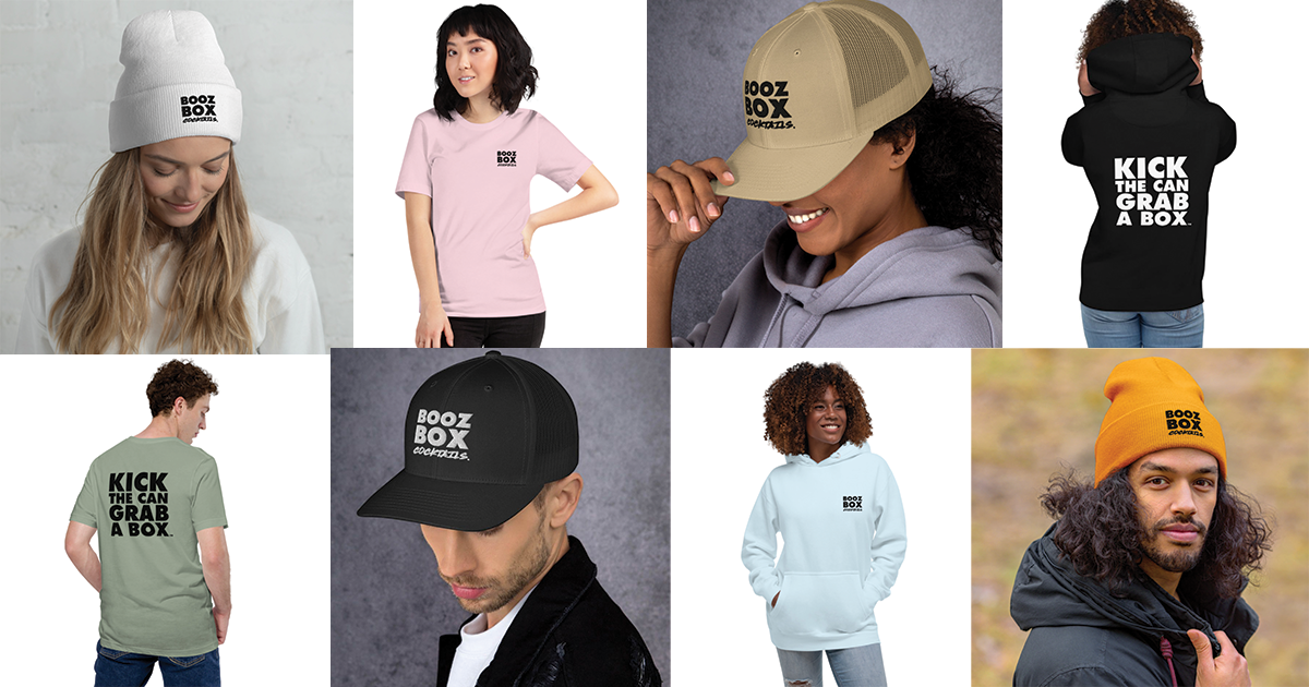 A collection of eight images showcasing various apparel and accessories. Top row: a woman wearing a white beanie with 'BOOZ BOX' logo, a woman in a pink t-shirt with 'BOOZ BOX' logo, a woman in a beige cap with 'BOOZ BOX' logo, and a woman in a black hoodie with 'KICK THE CAN GRAB A BOX' on the back. Bottom row: a man in a green t-shirt with the same slogan, a man in a black cap with the logo, a woman in a white hoodie with the logo, and a man in an orange beanie with the logo. All items prominently feature the branding for 'BOOZ BOX' and the slogan 'KICK THE CAN GRAB A BOX.'