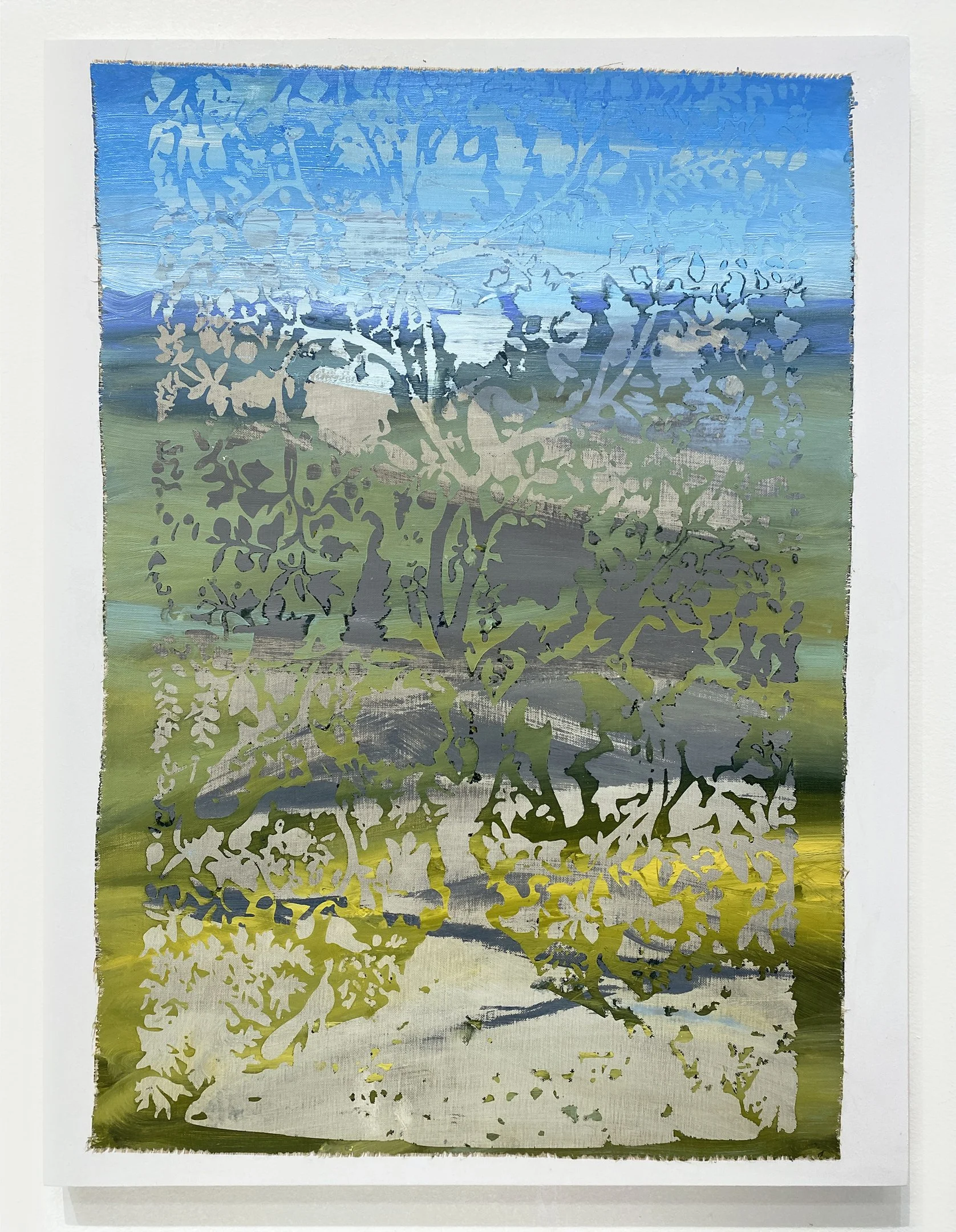 Painting of a landscape scene with a tree silhouette, sky, and ground, created with layered paint and a stencil pattern.