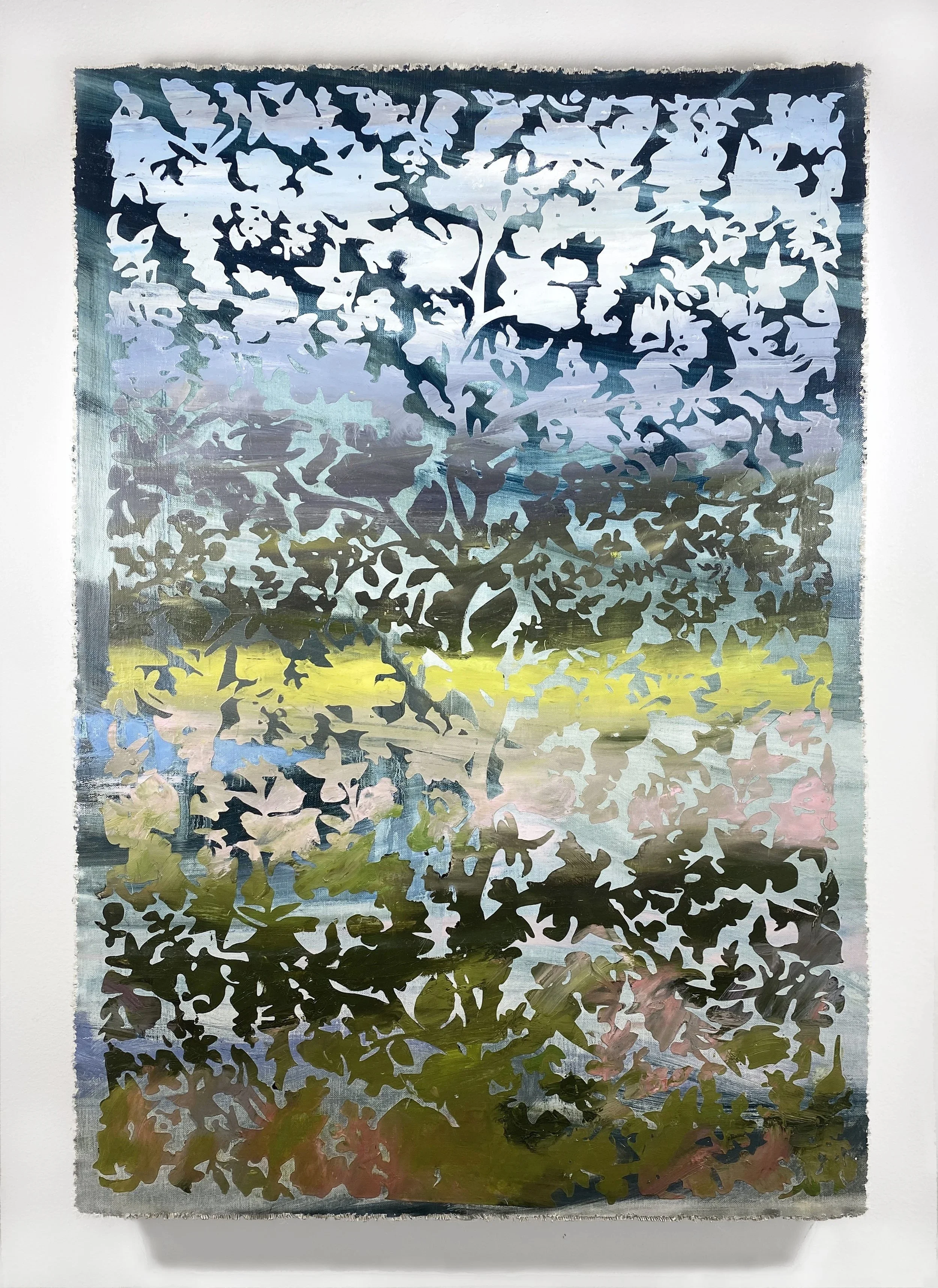 A painting of a tree seen through a decorative, cut-out, metallic frame, with a landscape of sky, clouds, and fields in the background.