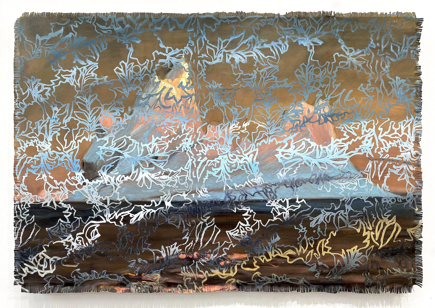 A painting of a seascape at sunset with a starfish and flowers in the foreground, and a blue sky with clouds in the background.