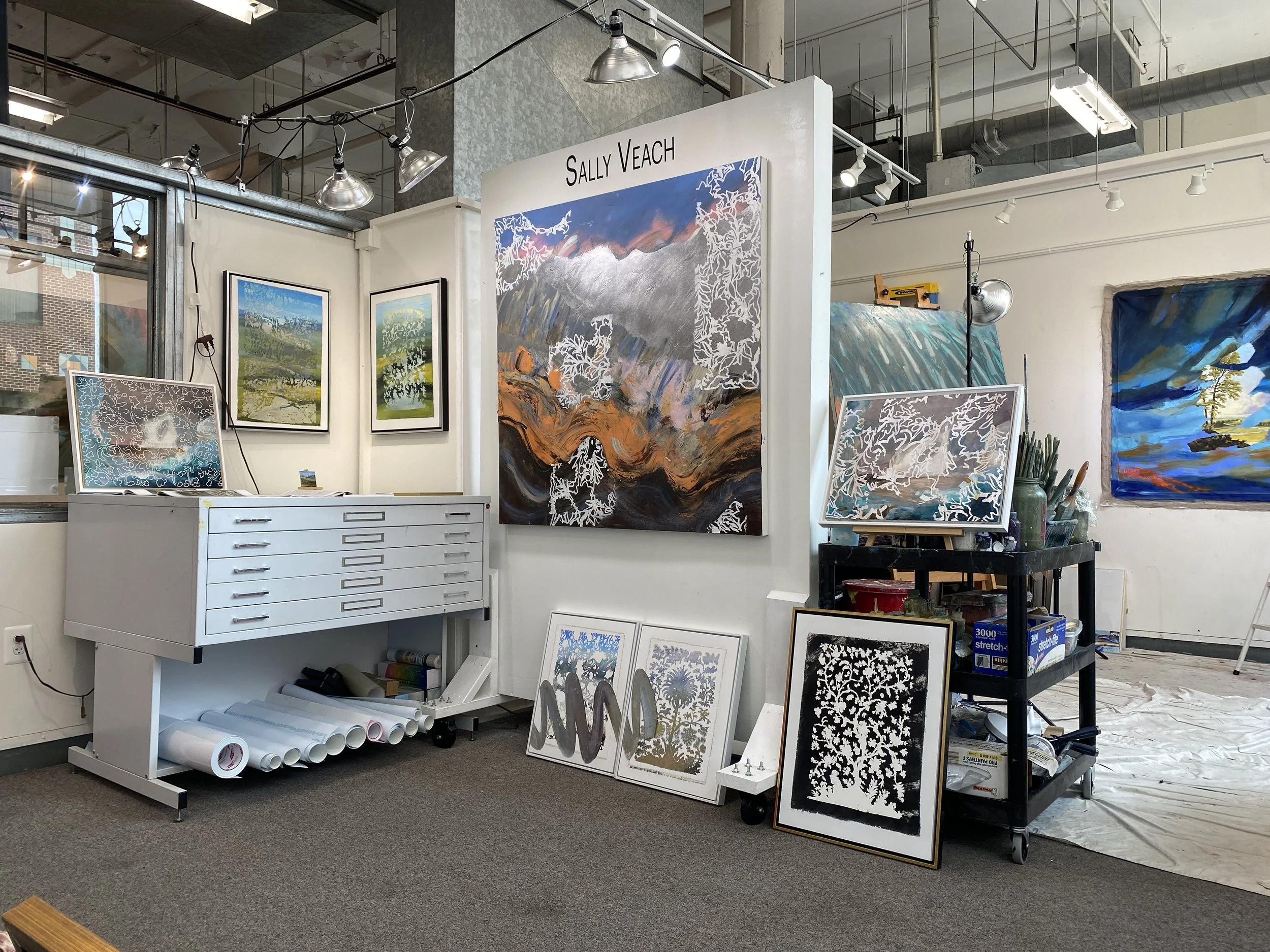 An art studio showcasing various paintings, including abstract landscapes and intricate black and white designs, arranged on walls, tables, and leaning against furniture.