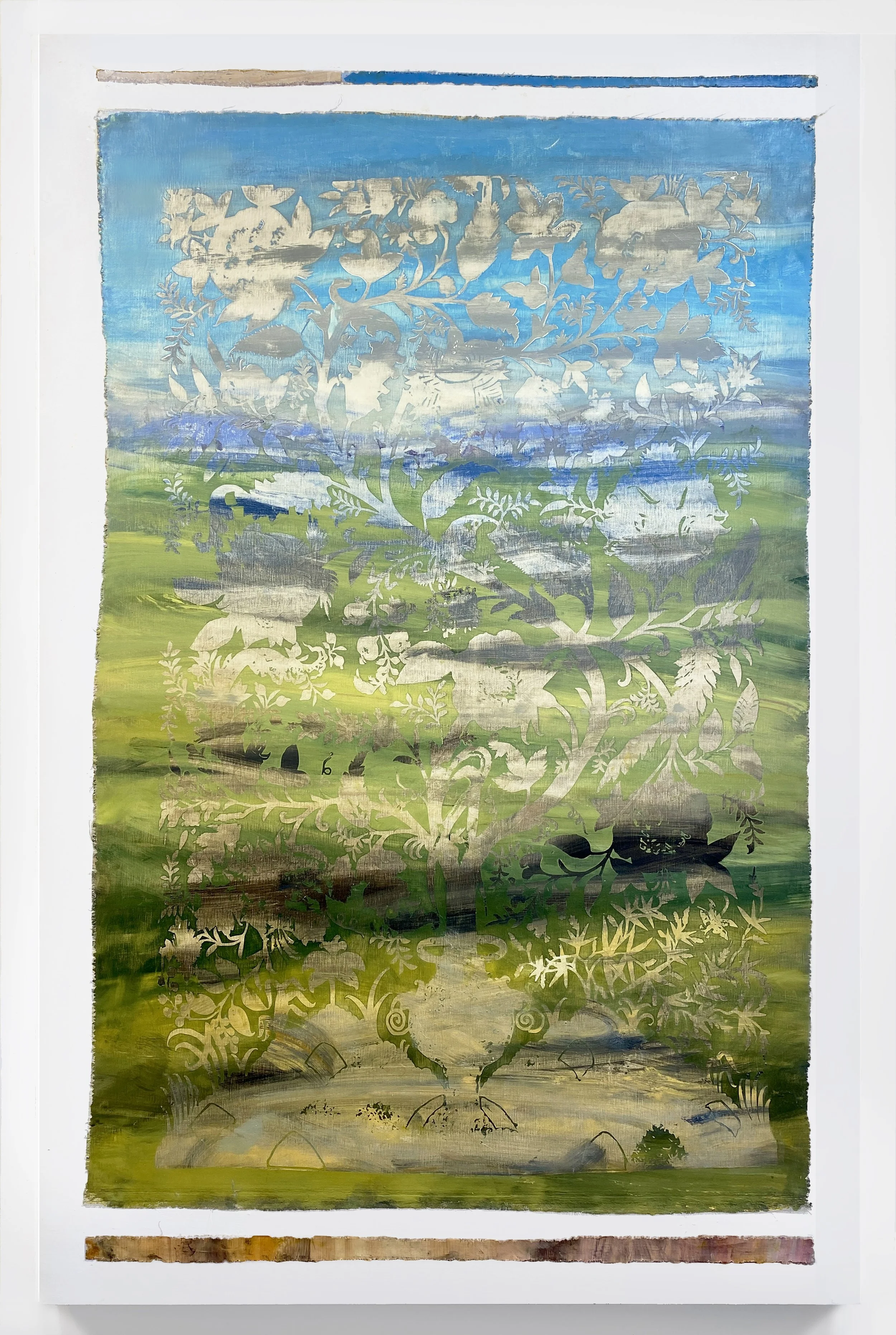 A painting with a large floral design in the foreground, showing a tree with flowering branches, over a landscape with blue sky, mountains, and green fields in the background.
