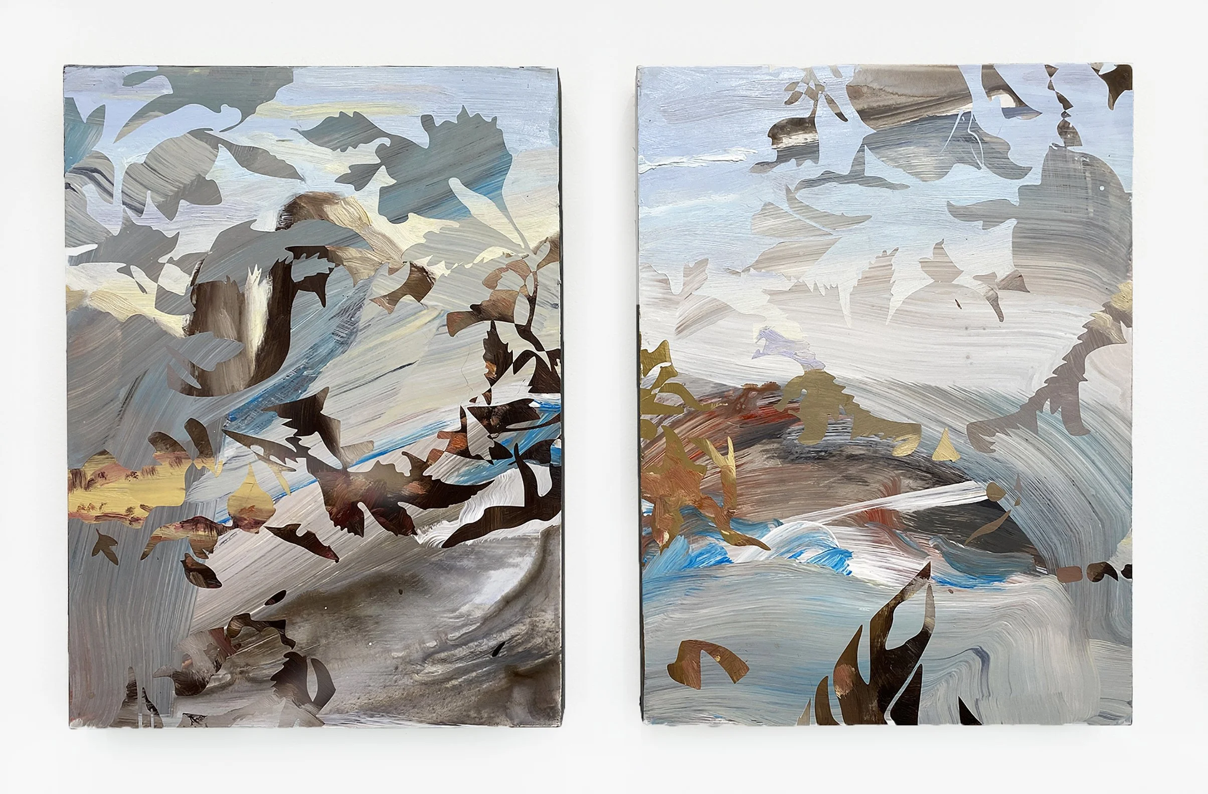 Two abstract landscape paintings with cut-out foliage overlays, featuring sky, clouds, hills, and water in muted tones of blue, gray, brown, and beige.