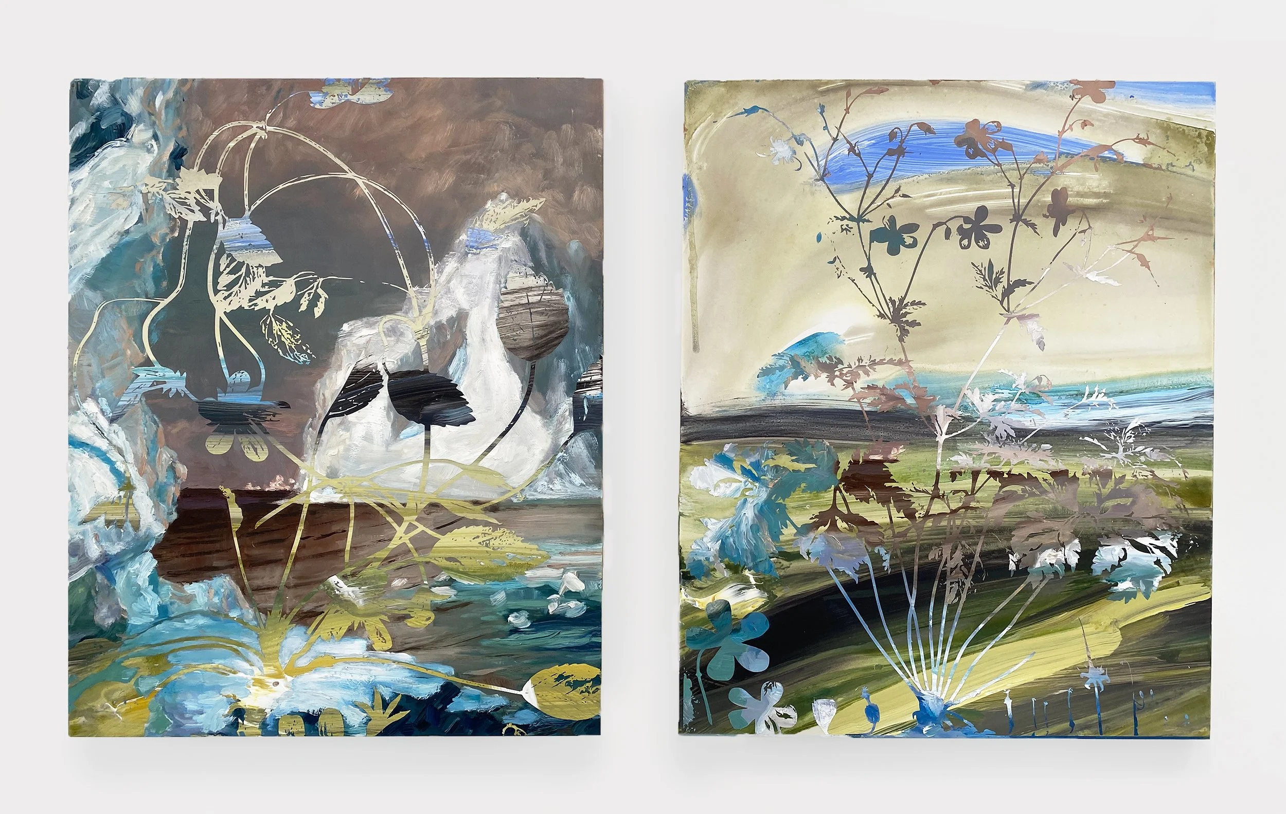 Two abstract landscape paintings with floral and natural elements, using a mix of muted colors and metallic accents.