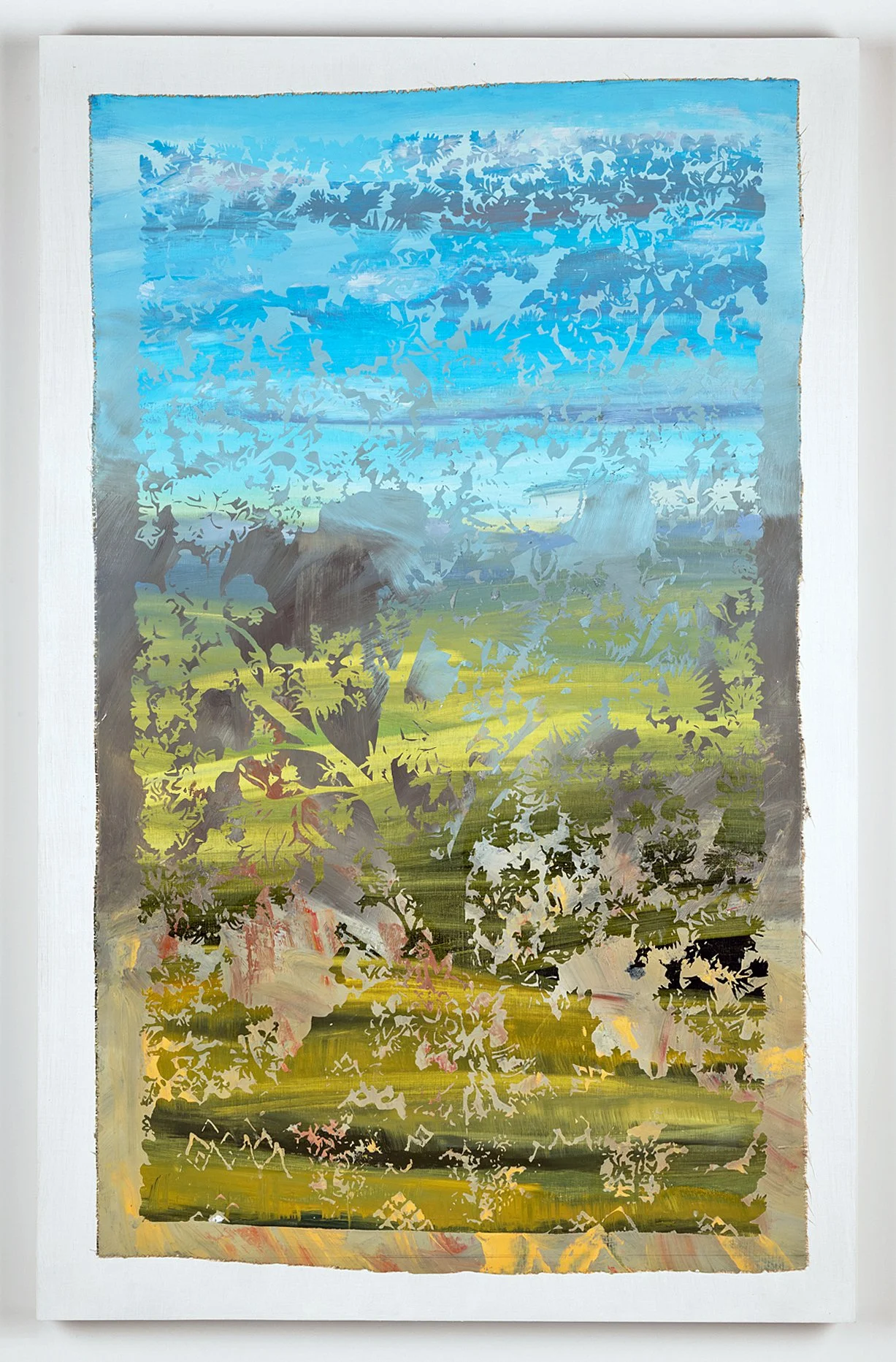 A colorful layered painting of a natural landscape, featuring trees, a cloudy sky, and distant horizon, with intricate cut-out or stencil details creating a textured effect.