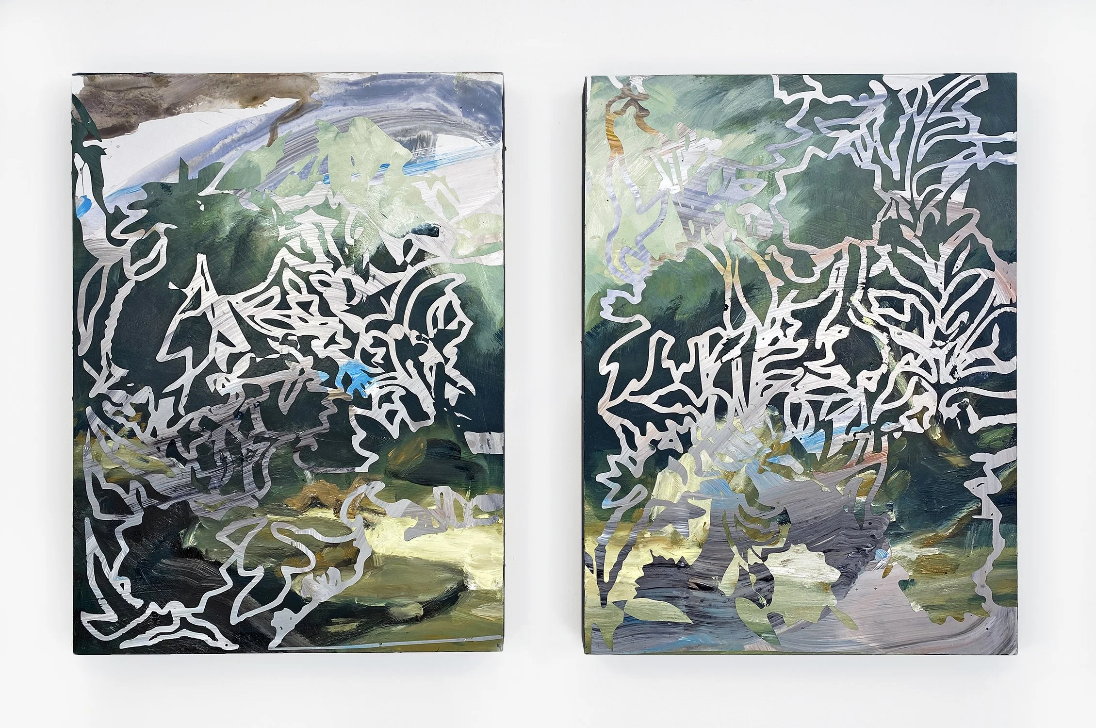 Two abstract paintings on a white wall, featuring dark leafy patterns over a colorful, textured background of greens, blues, and browns.