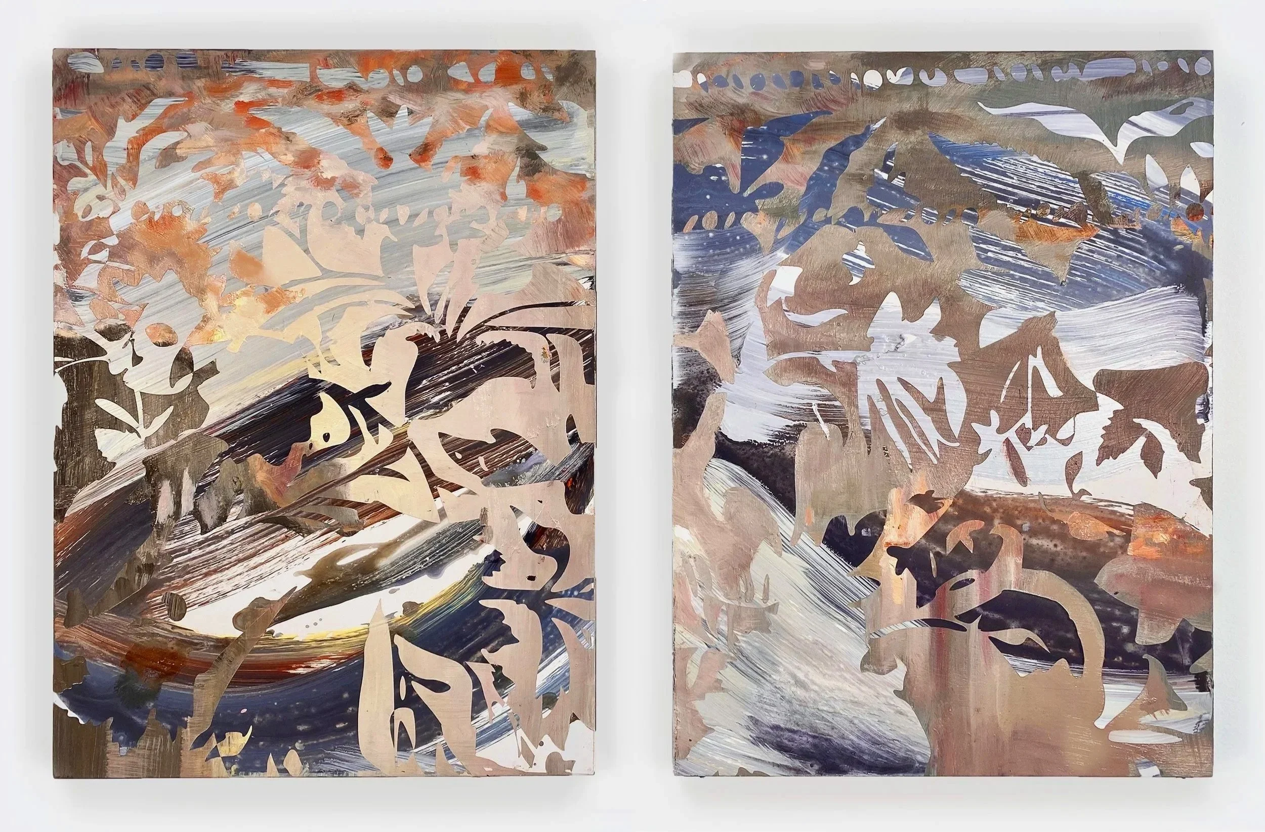 Two abstract paintings featuring swirling brushstrokes and cutout patterns in earthy tones, with shades of brown, beige, white, orange, and blue.