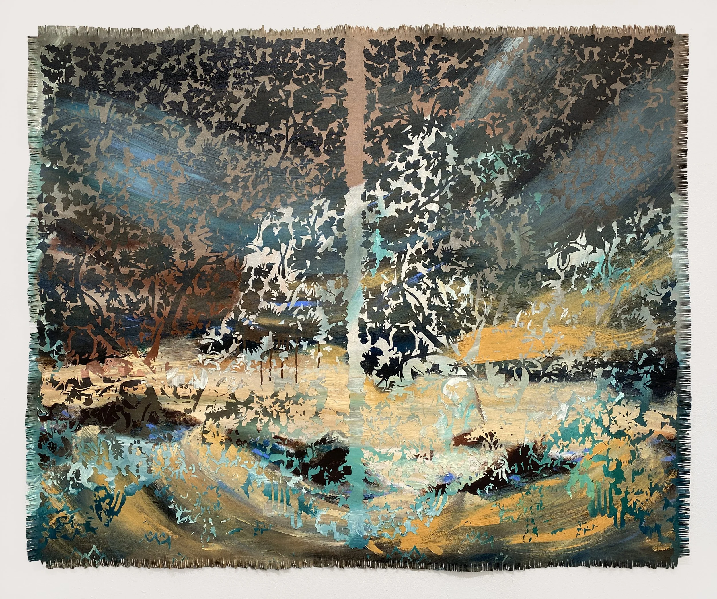 Abstract artwork with layered, foliage-like patterns in dark shades, with hints of blue, gold, and earthy tones.